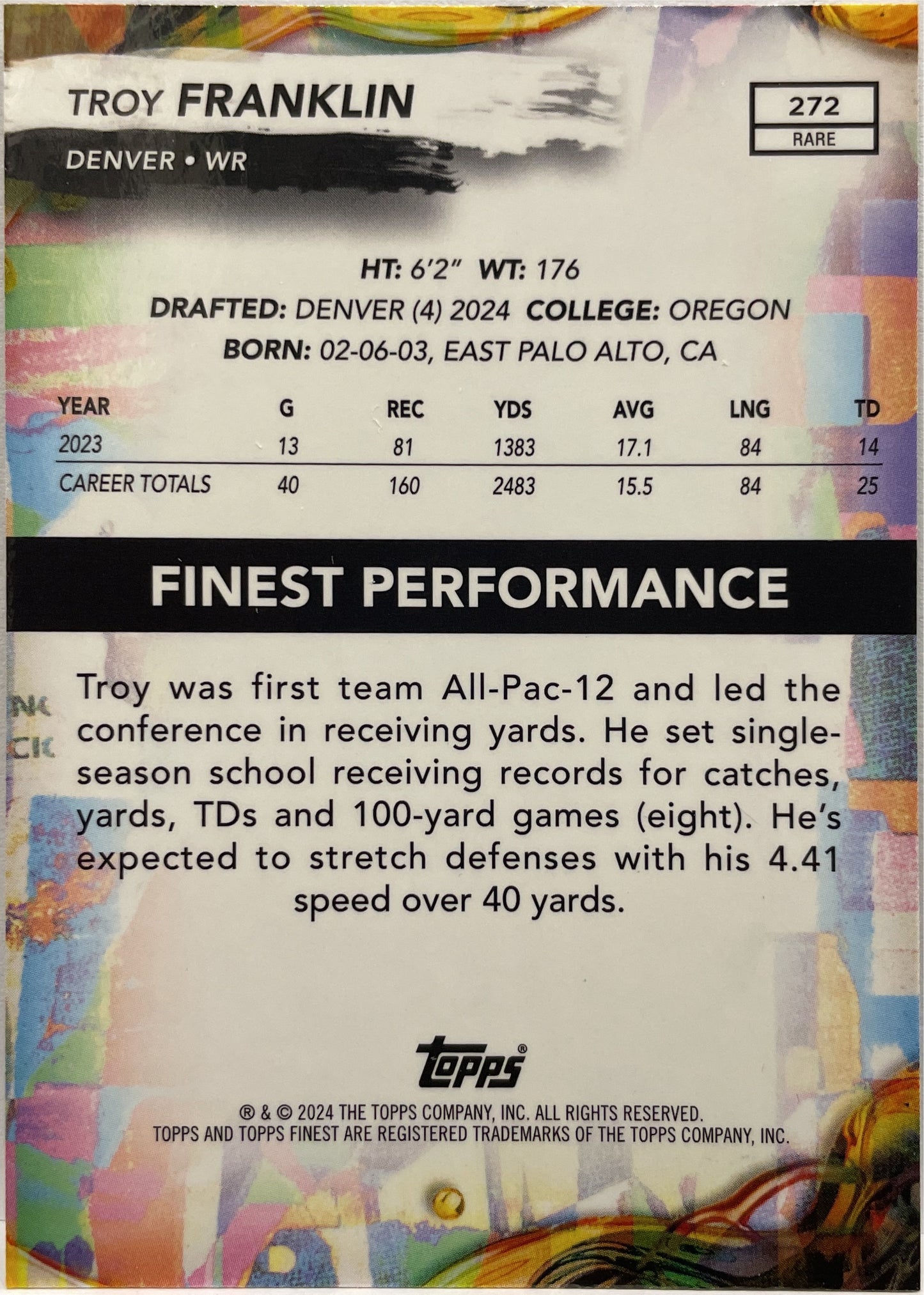 Troy Franklin 136/150 Rookie Topps Finest Football 2024