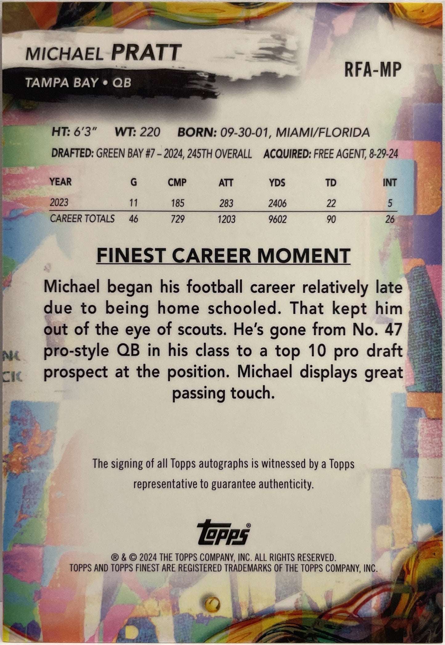 Michael Pratt 37/50 Rookie Autograph Gold Geometric Topps Finest Football 2024