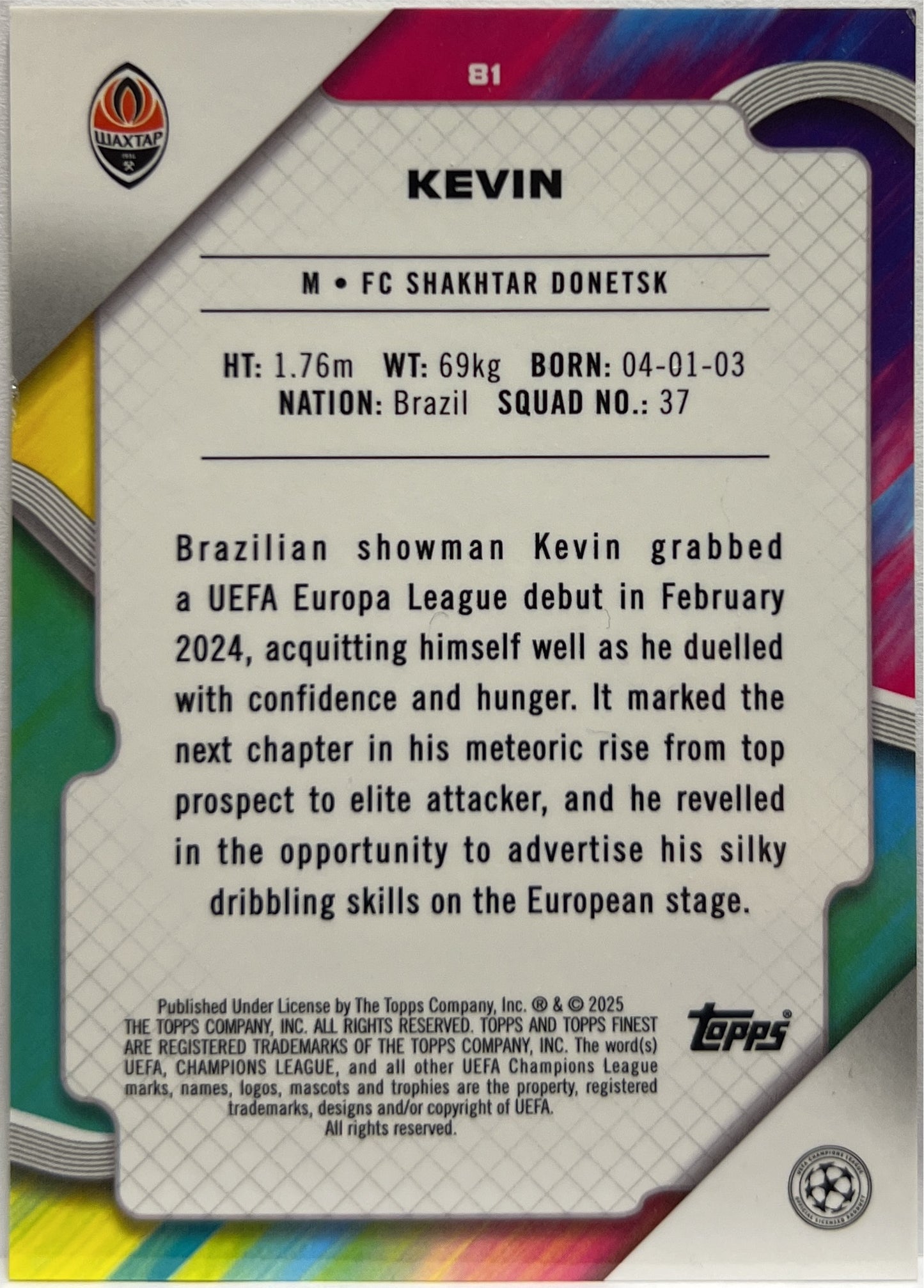 Kevin 32/50 Rookie Gold Topps Finest UCC 2024/25