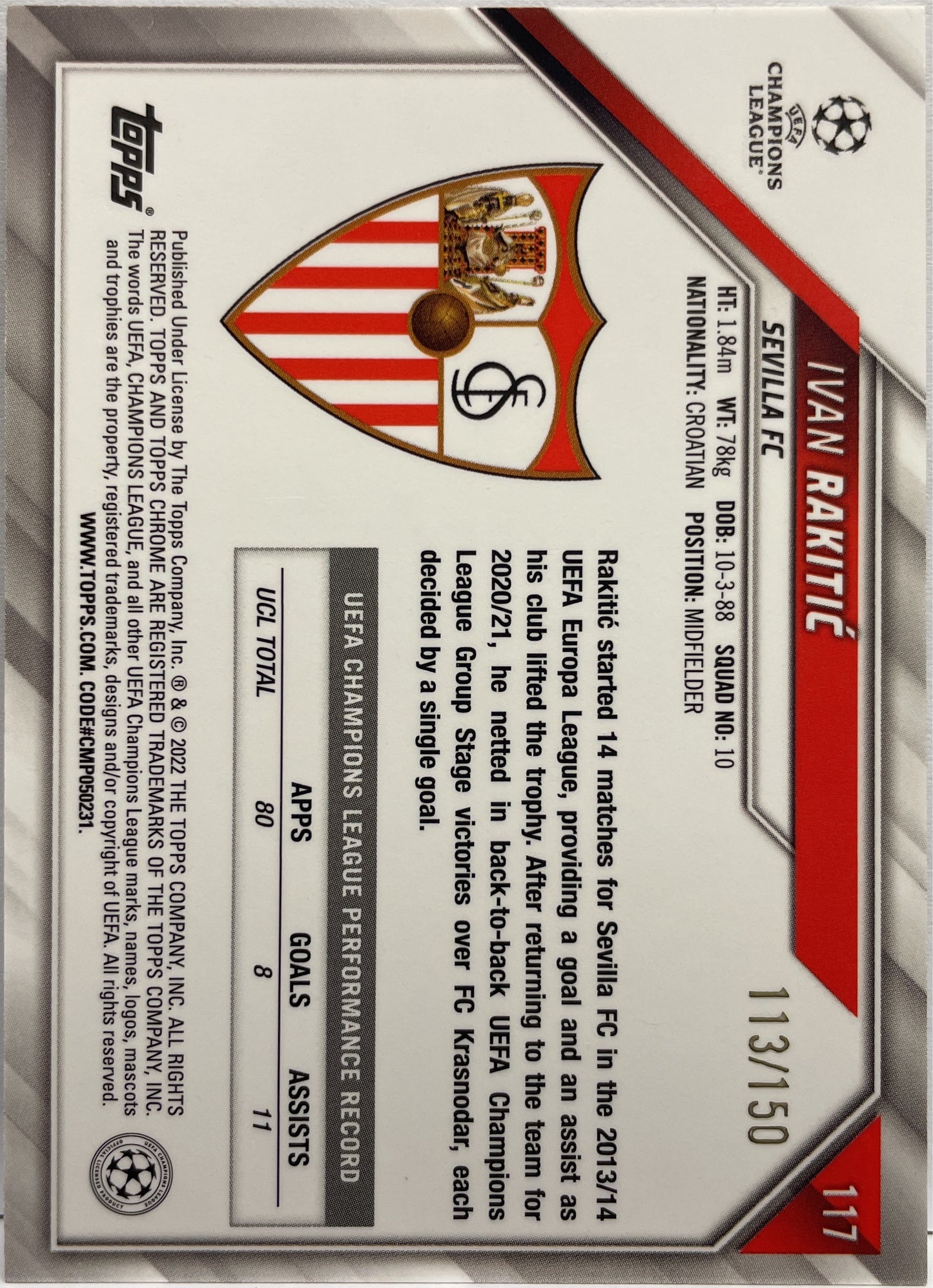 Ivan Rakitic 113/150 Blue Topps Chrome UCL 2021/22