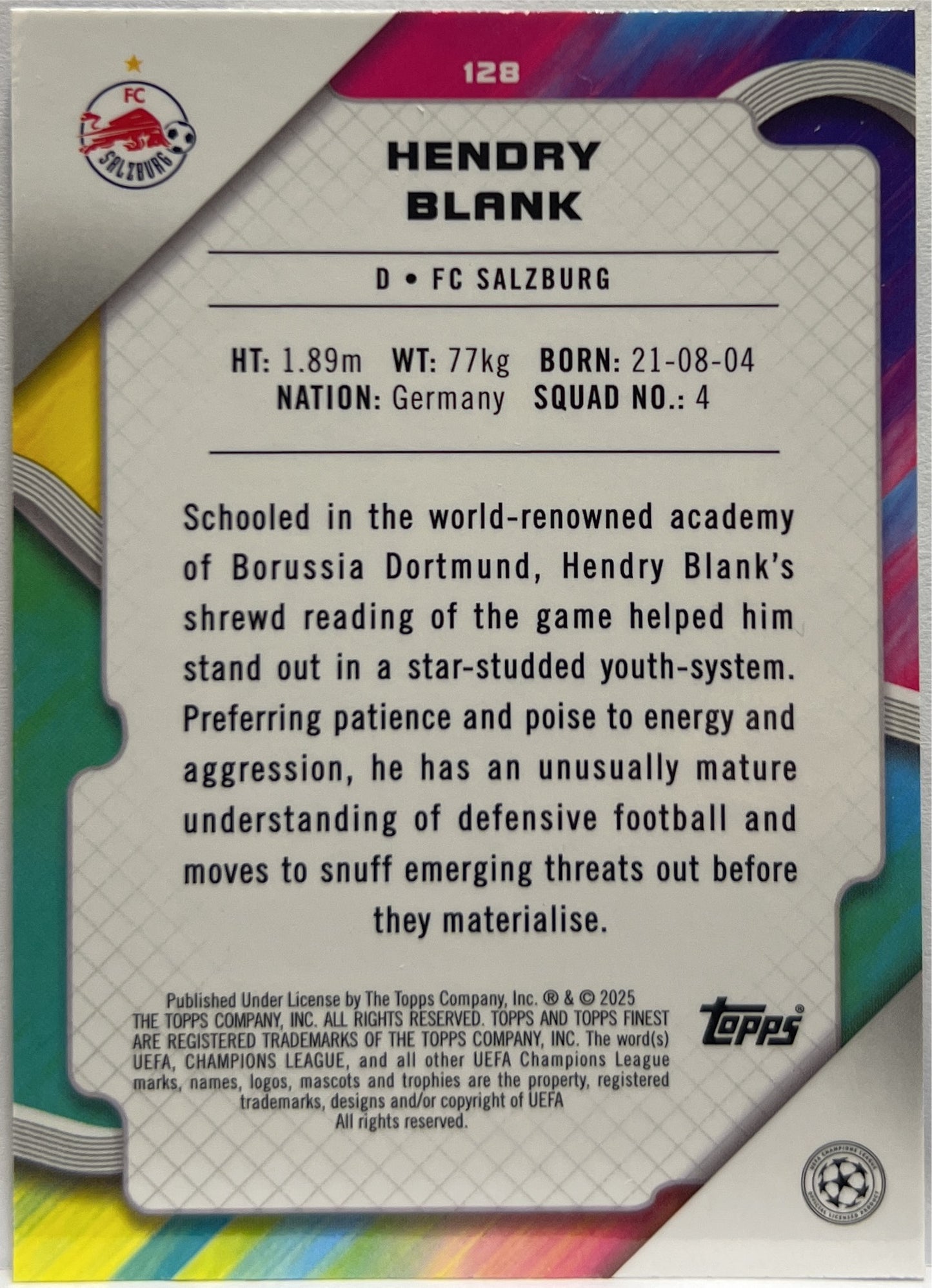 Hendry Blank 107/150 Rookie Blue Lava Topps Finest UCC 2024/25