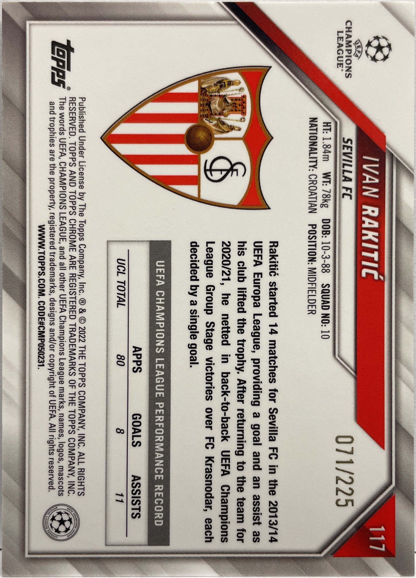 Ivan Rakitic 71/225 Night Vision Topps Chrome UCL 2021/22