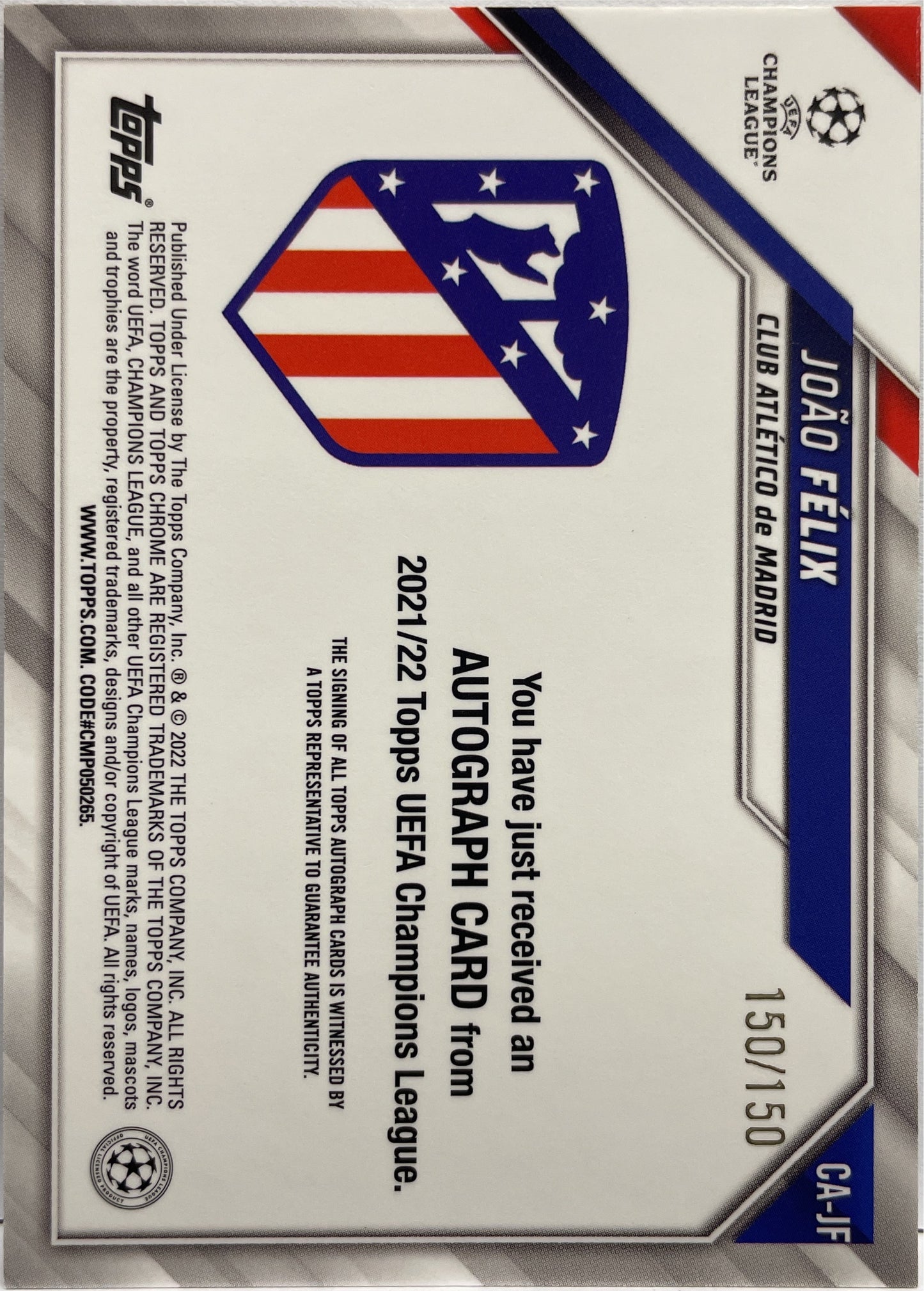 Joao Felix 150/150 Autograph Blue Topps Chrome UCL 2021/22