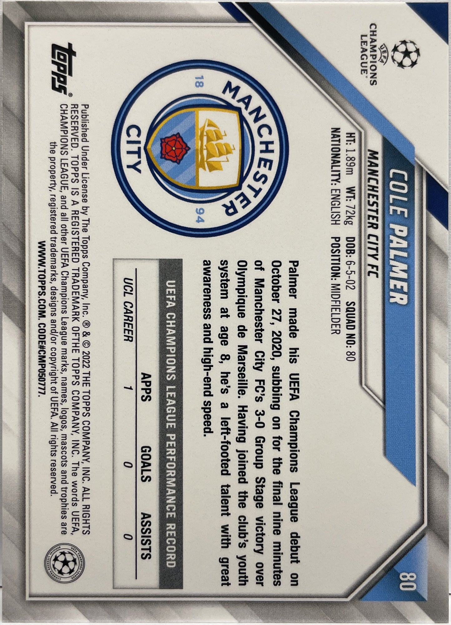 Cole Palmer Rookie Topps UCL 2021/22