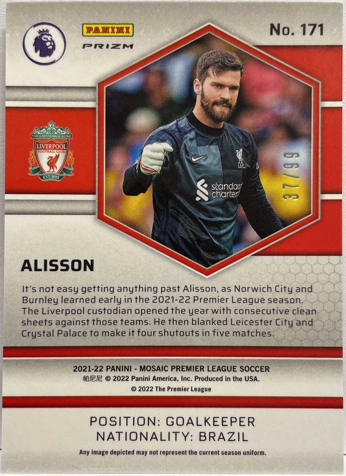 Alisson 37/99 Blue Mosaic Premier League 2021/22
