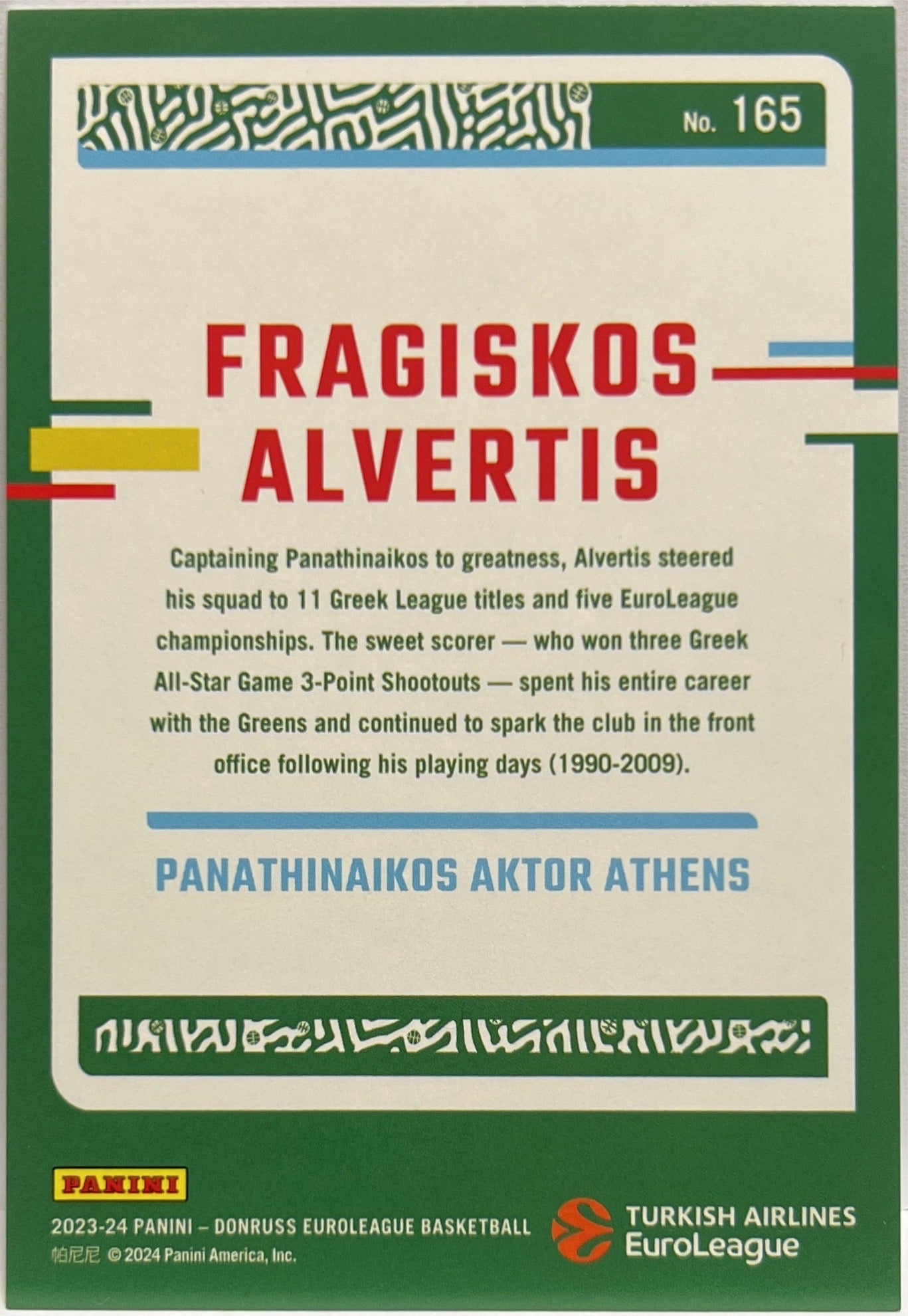 Fragiskos Alvertis 107/249 Legends Press Proof Donruss Euroleague Basketball 2023/24
