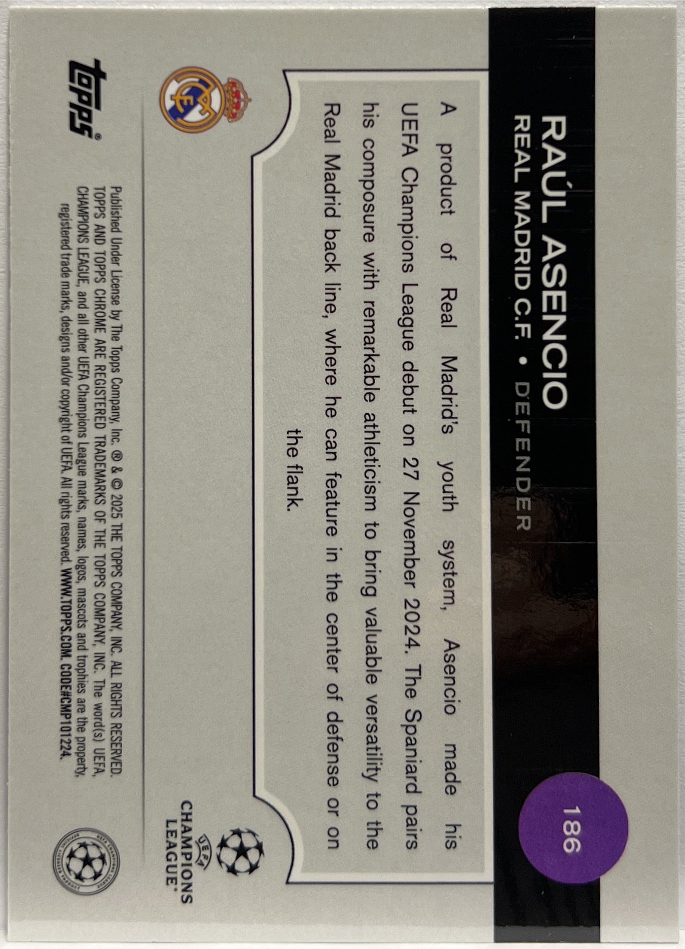 Raul Asencio 197/299 Rookie Violet Topps Chrome UCC 2024/25