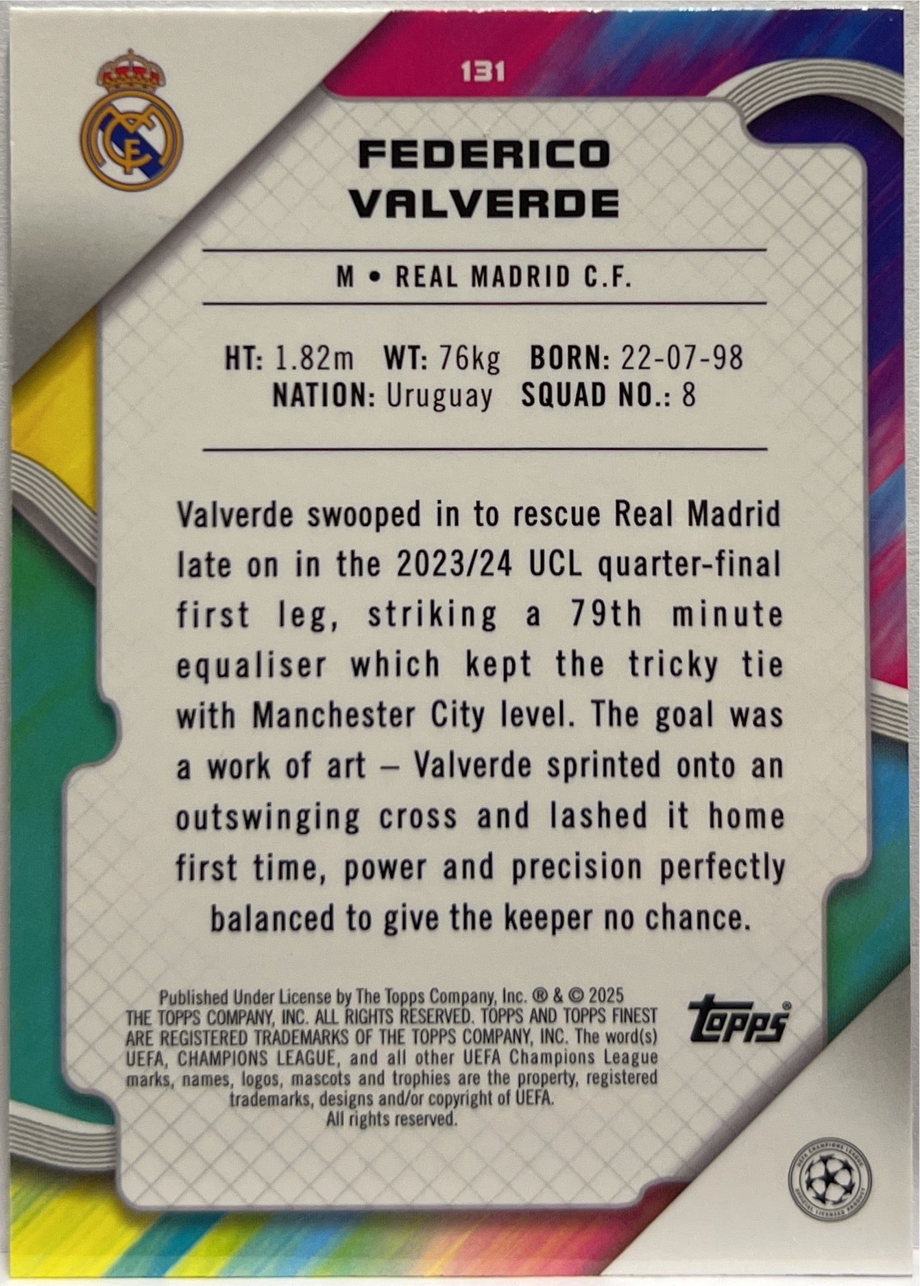 Federico Valverde 33/250 Pink RayWave Topps Finest UCC 2024/25