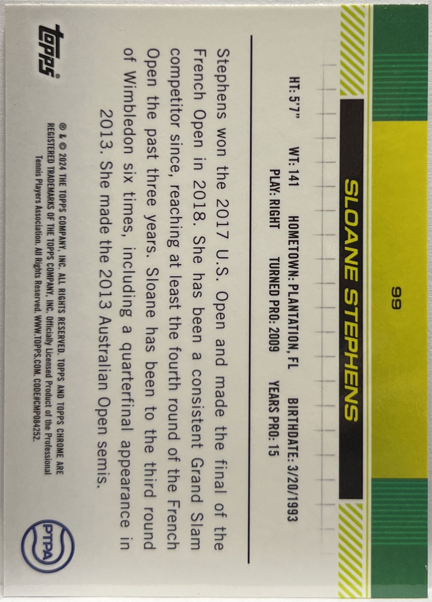 Sloane Stephens 118/150 Purple Topps Chrome Tennis 2024