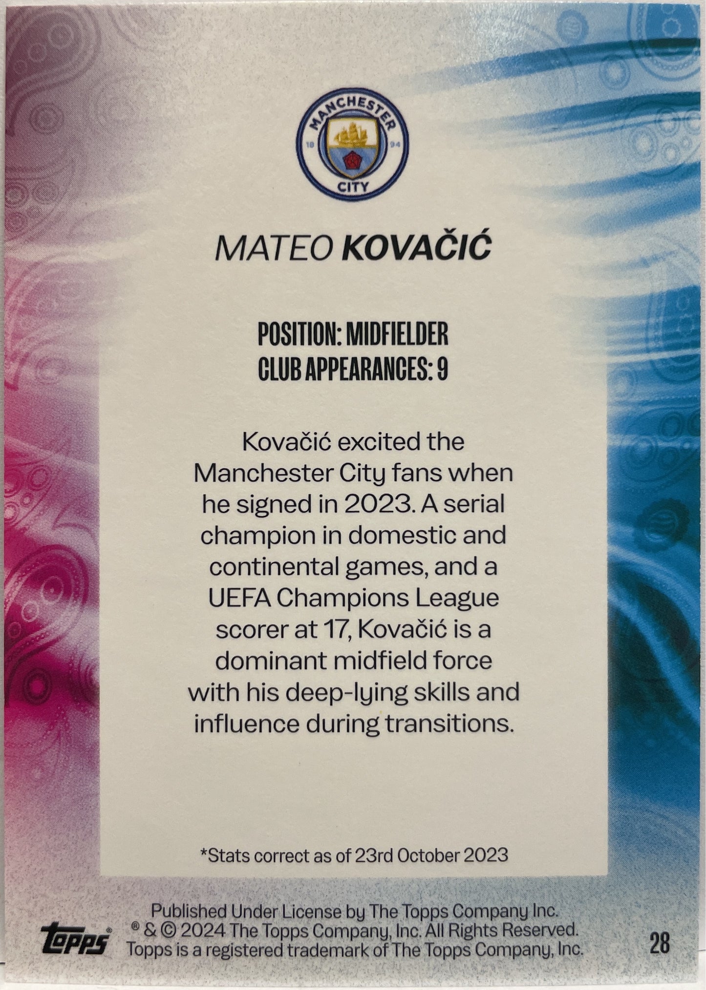 Mateo Kovacic 16/50 Game On Gold Topps Manchester City Team Set 2023/24
