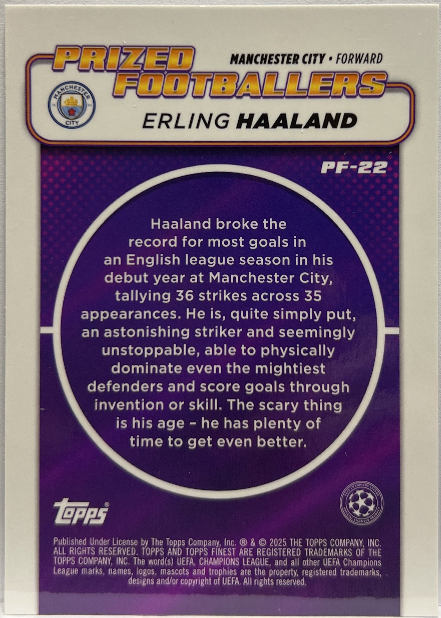 Erling Haaland 207/299 Prized Footballers Purple Topps Finest UCC 2024/25