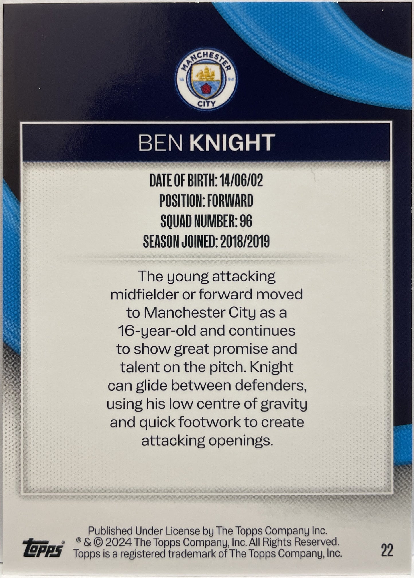 Ben Knight 58/99 Rookie Topps Manchester City Team Set 2023/24