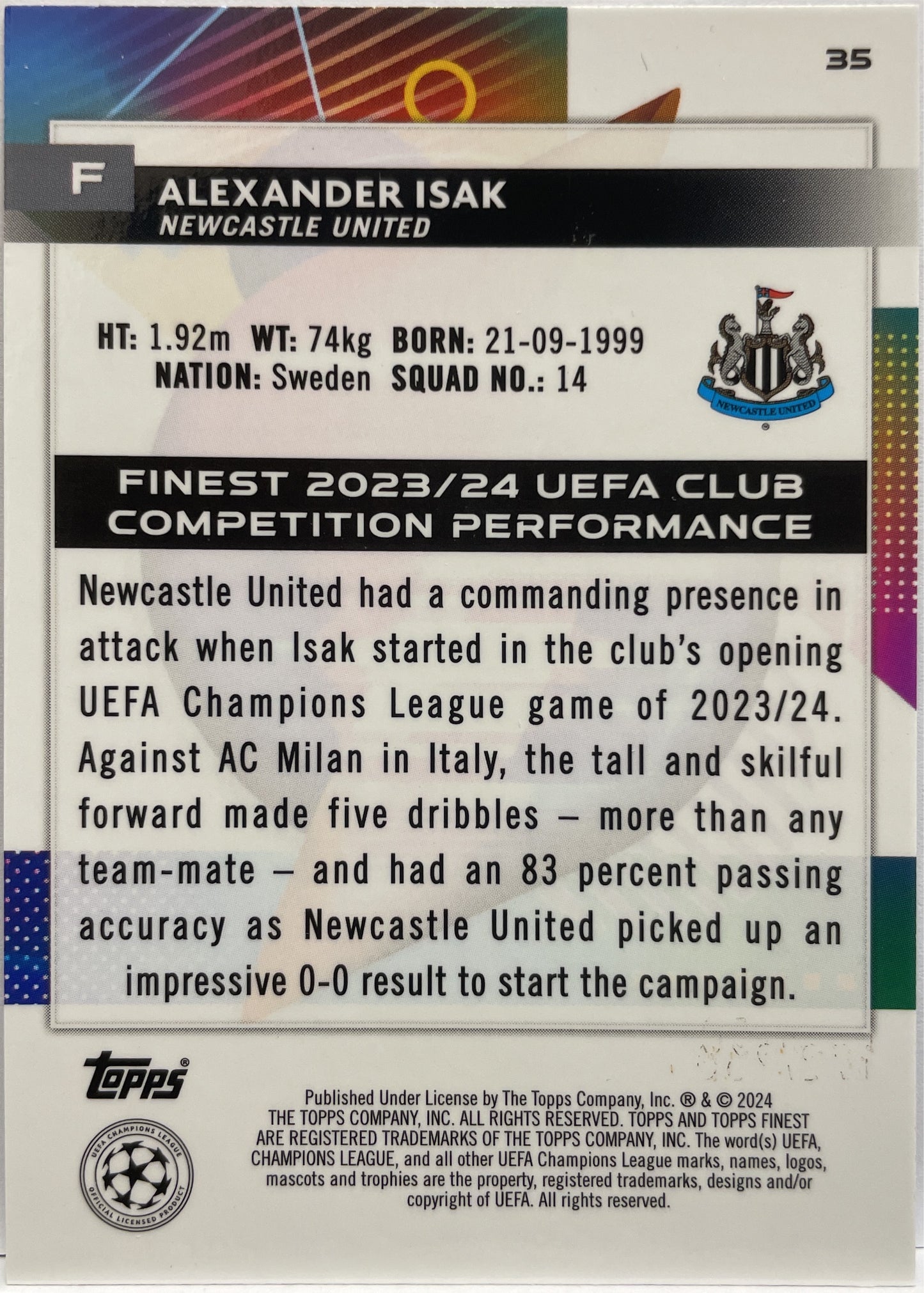 Alexander Isak 153/250 Blue Aqua Vaporwave Topps Finest UCC 2023/24