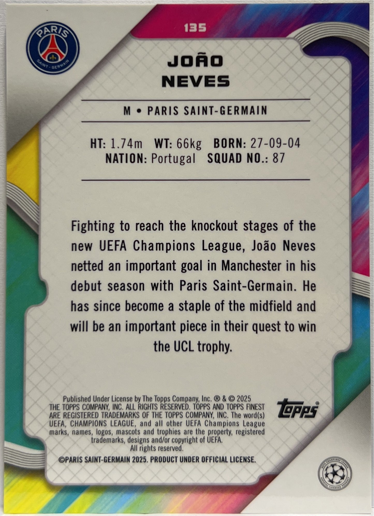 Joao Neves 5/75 Blue Topps Finest UCC 2024/25