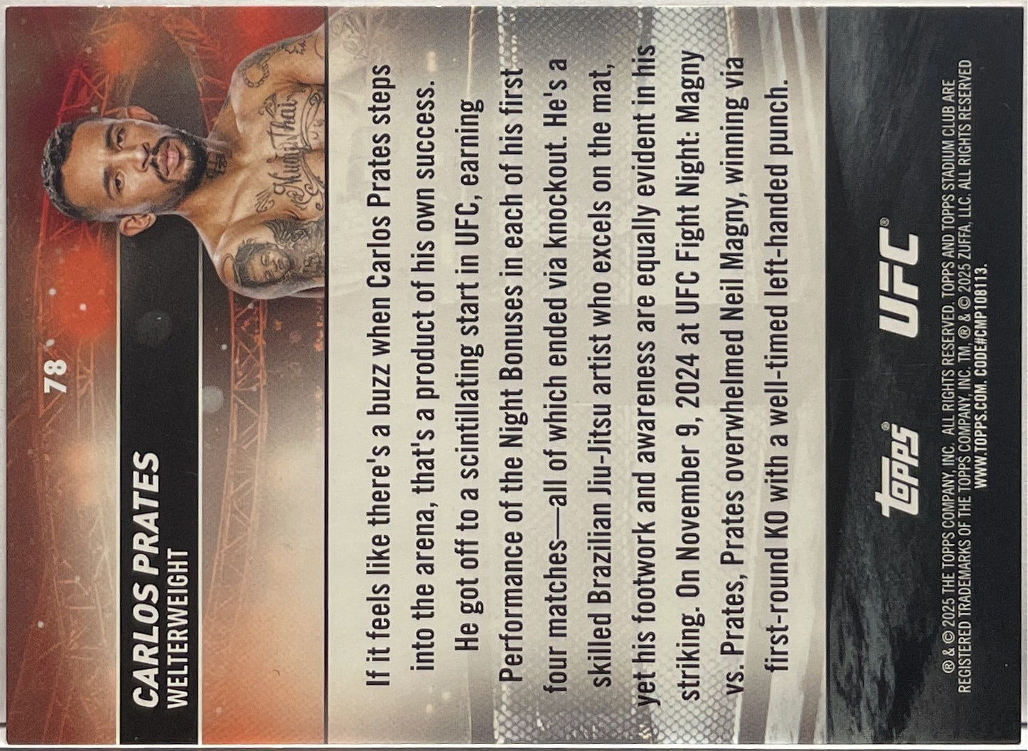 Carlos Prates Rookie Photographer's Proof Topps Stadium UFC 2025