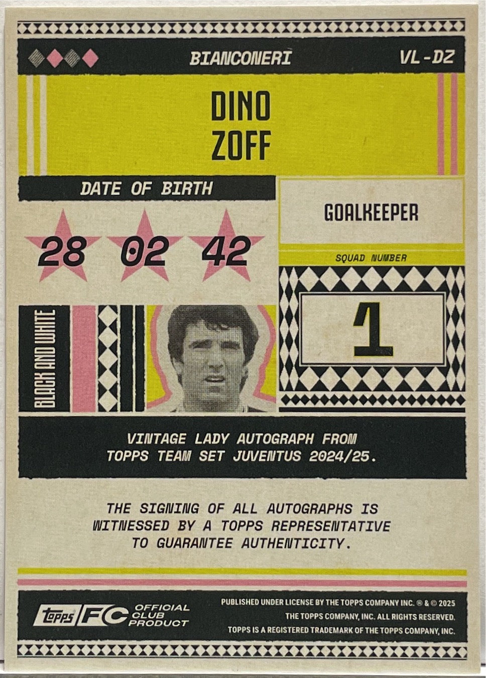 Dino Zoff 19/75 Autograph Vintage Lady Aqua Topps Juventus Premium Team Set 2024/25
