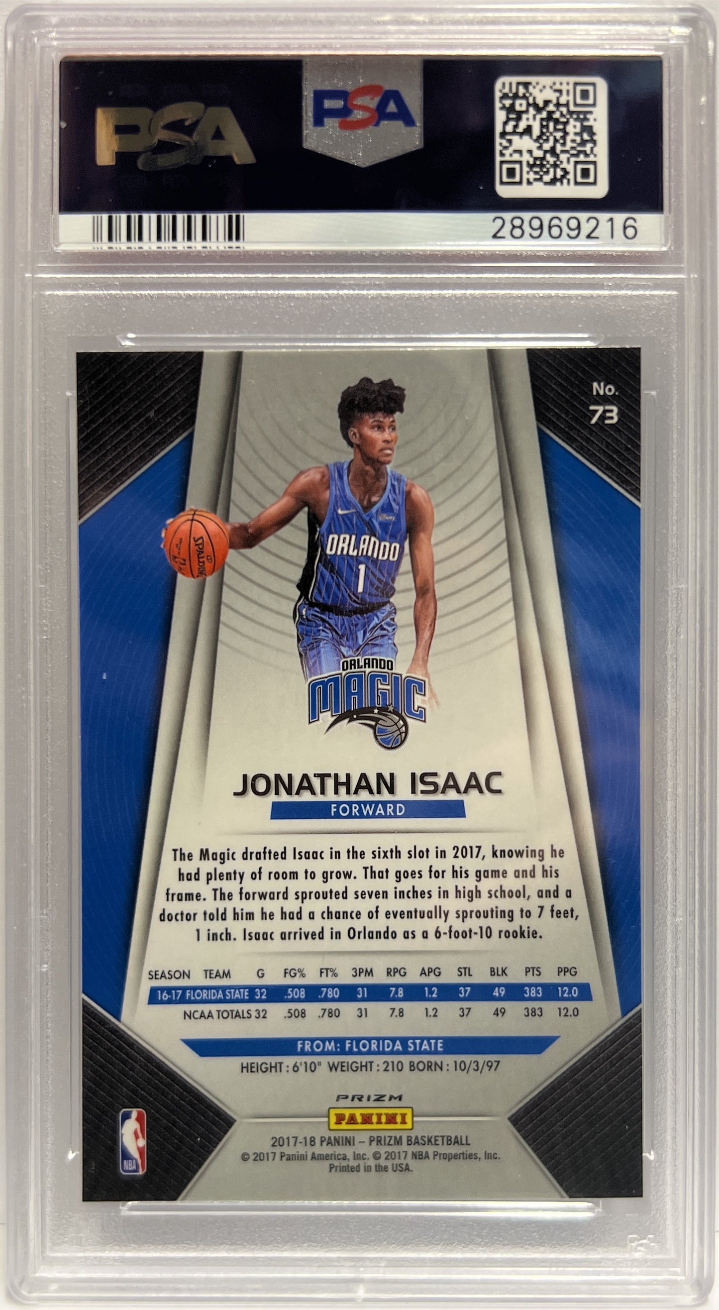 Jonathan Isaac Rookie Silver Prizm Basketball NBA 2017/18 PSA 10
