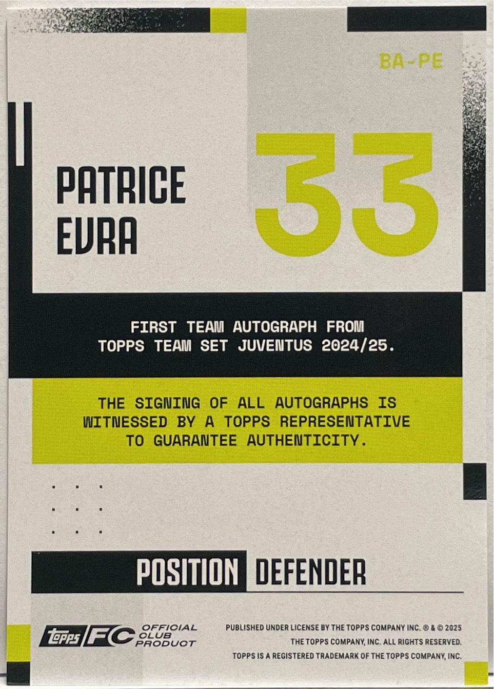 Patrice Evra 29/250 Autograph Gold Topps Juventus Premium Team Set 2024/25