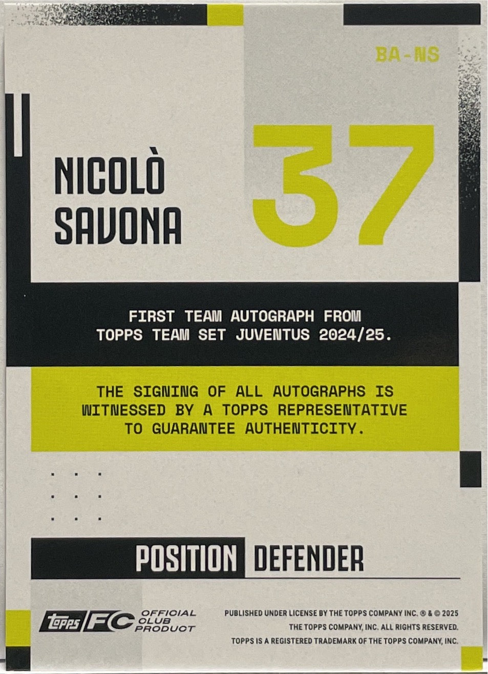 Nicolo Savona 227/250 Rookie Autograph Blue Topps Juventus Premium Team Set 2024/25