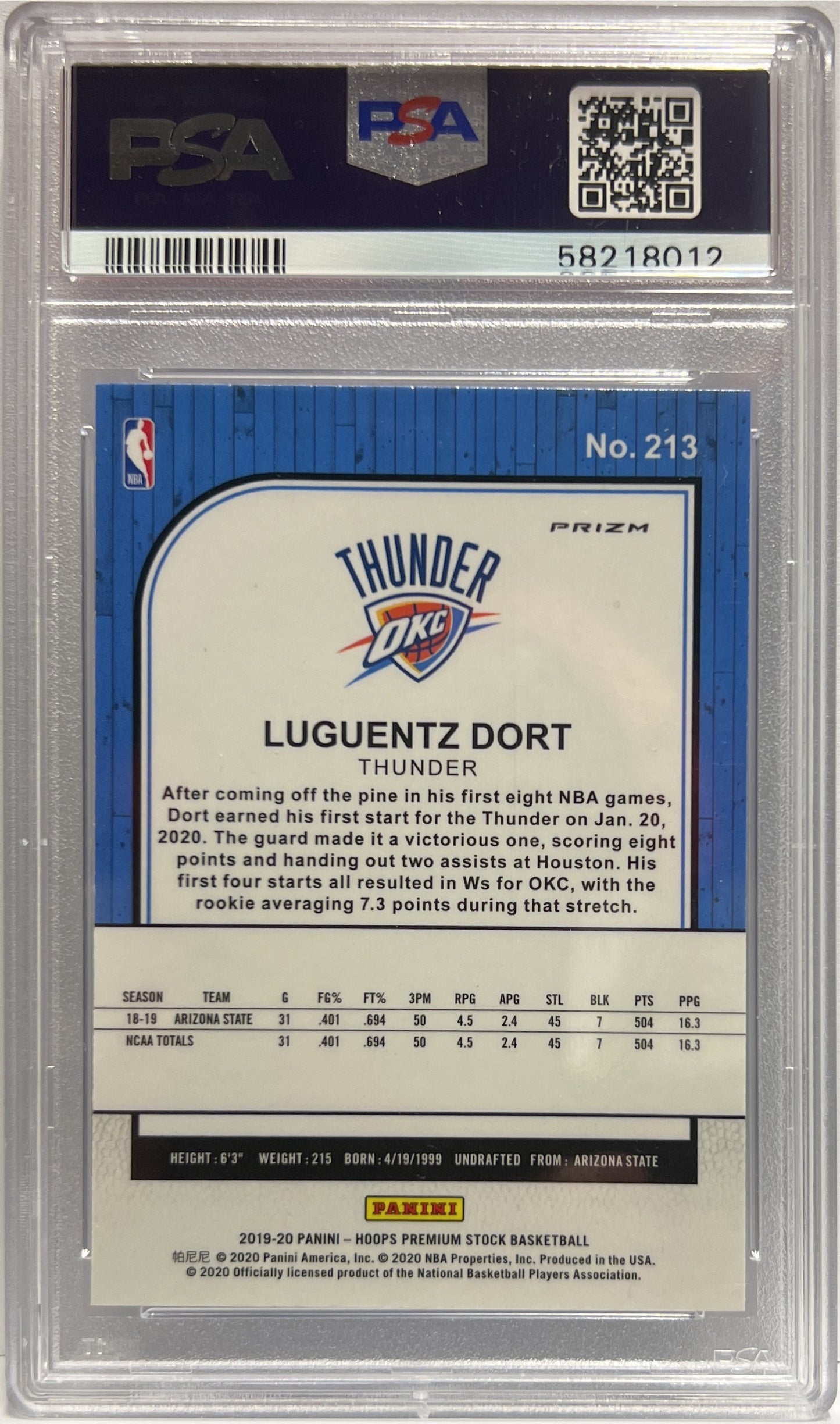 Luguentz Dort Rookie Cracked Ice Blue Hoops Premium Stock Basketball NBA 2019/20 PSA 10