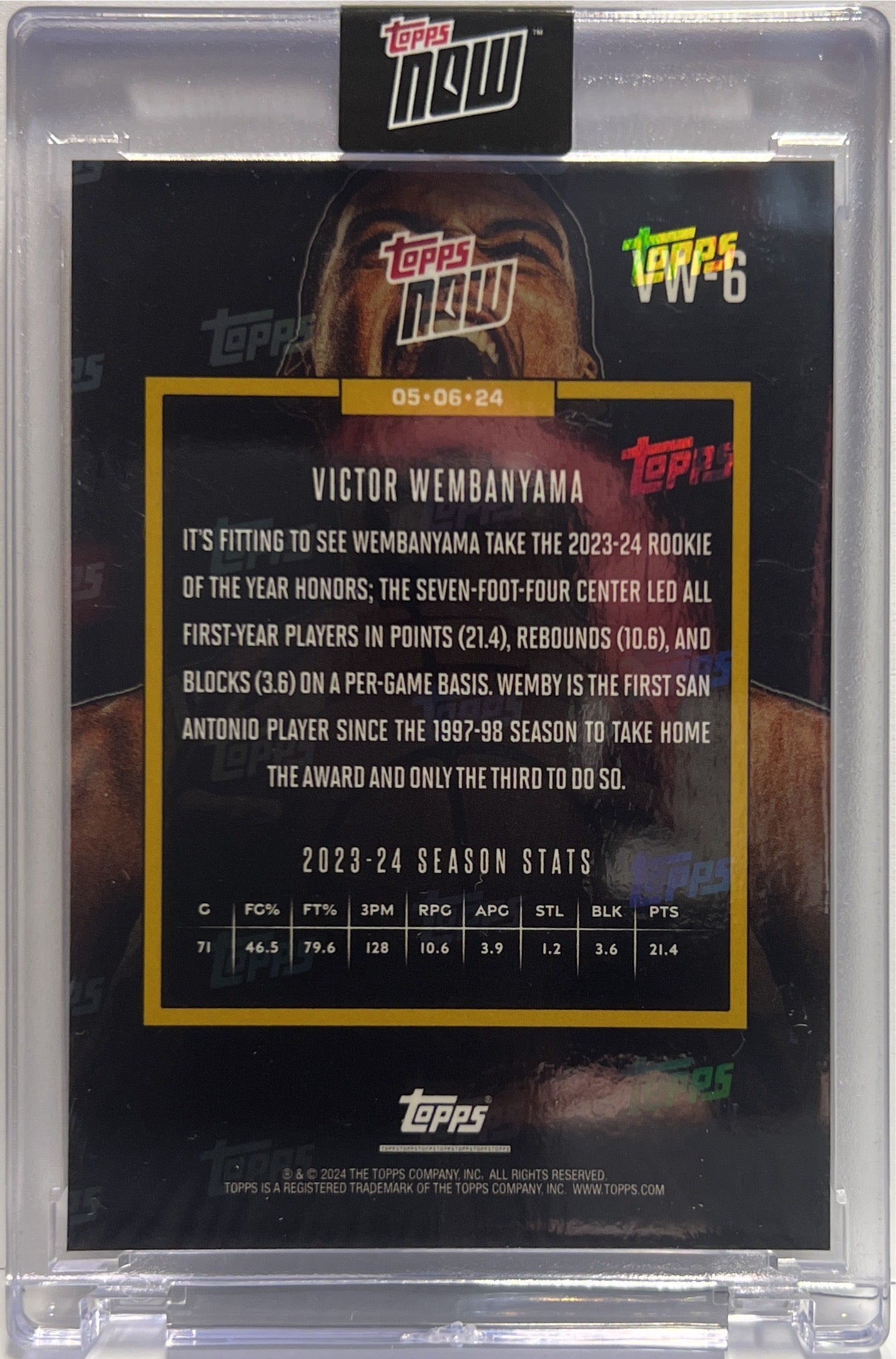 Victor Wembanyama Rookie Of The Year Topps Now 2024