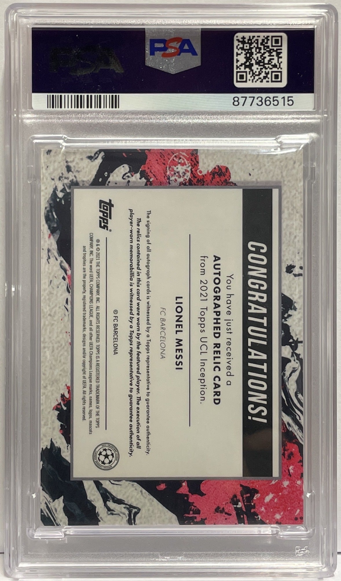 Lionel Messi 4/5 Patch Worn Autograph The Perfect 10 Topps Inception UCL 2020/21 PSA 8.5 Auto 10