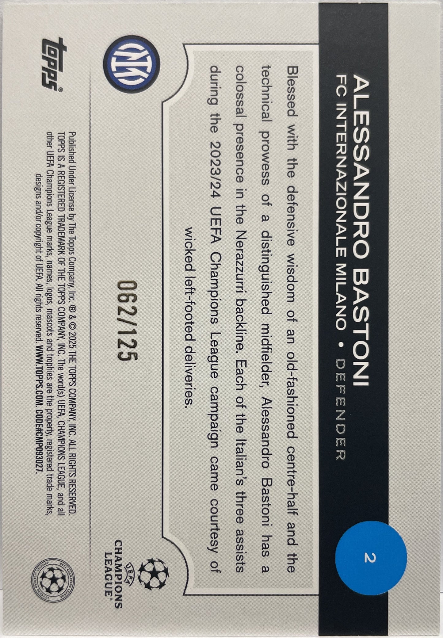 Alessandro Bastoni 62/125 Blue Topps UCC 2024/25