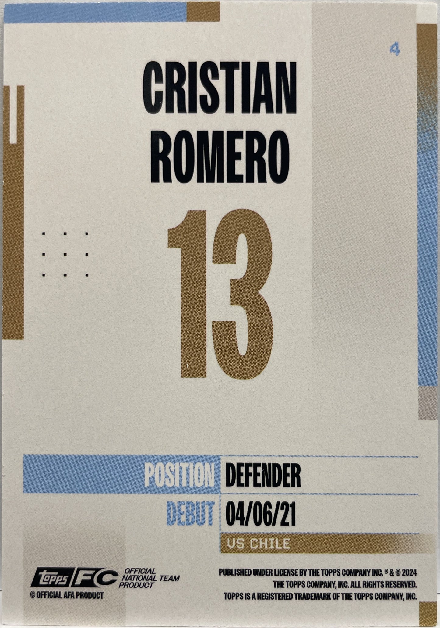 Cristian Romero 99/250 Topps Argentina Team Set 2024
