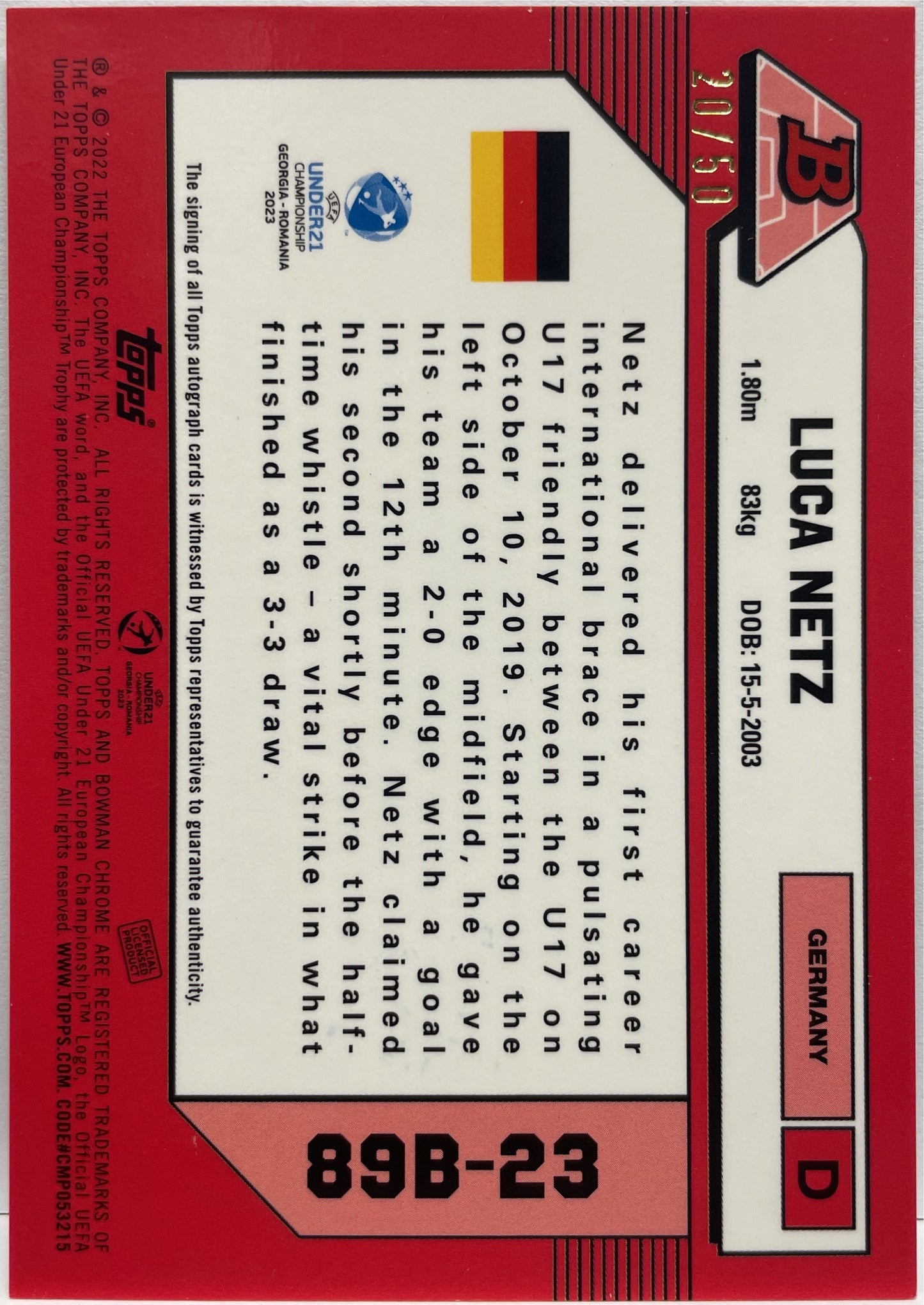 Luca Netz 20/50 Autograph 1989 Topps Uefa U21 2023