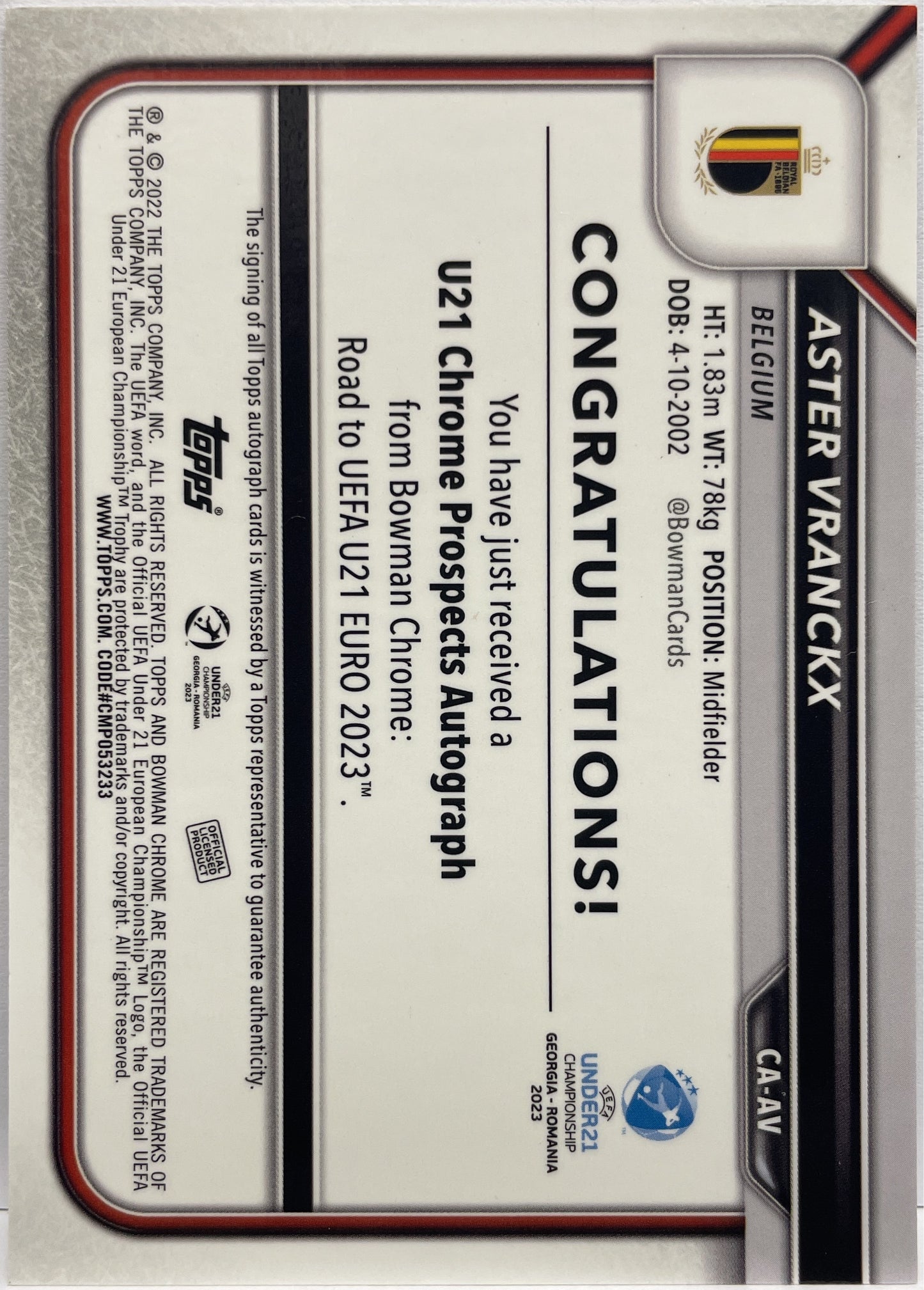 Aster Vrancks Autograph 1ST Bowman Topps Uefa U21 2023