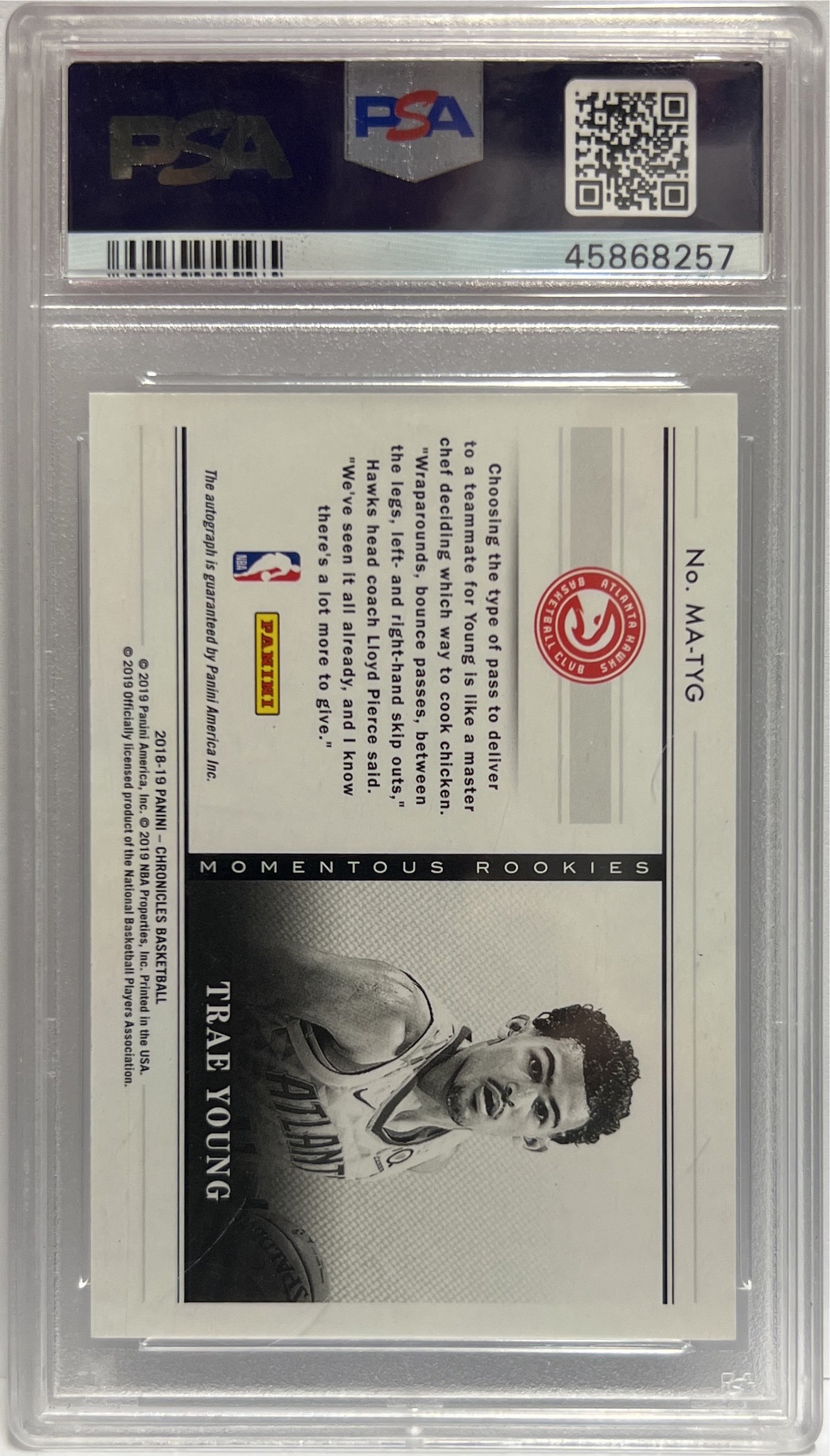 Trae Young 10/99 Rookie Autograph Momentous Chronicles Basketball NBA 2018/19 PSA 9