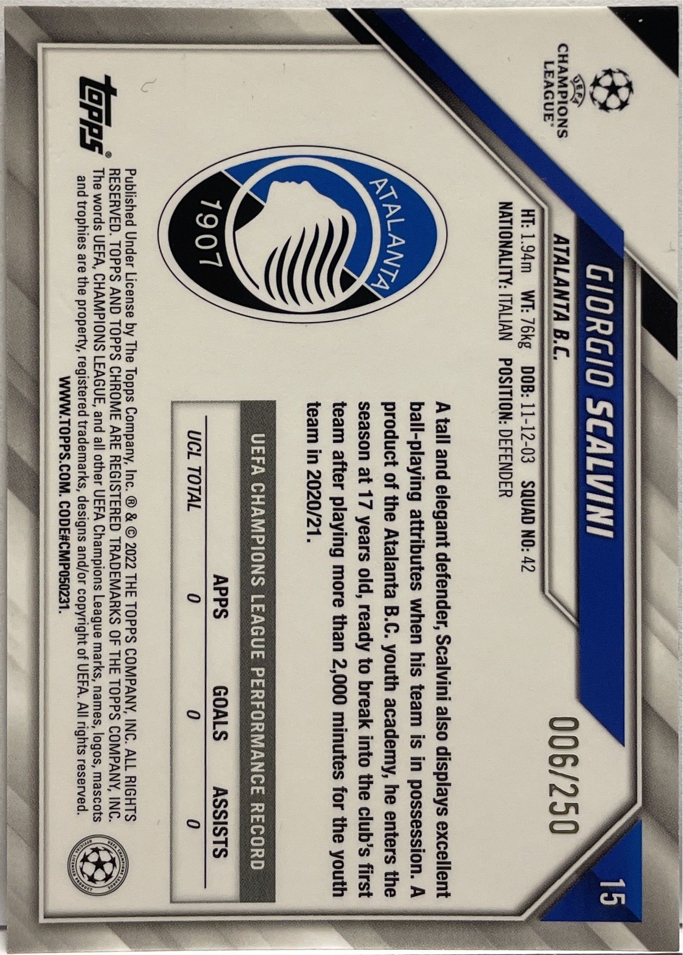 Giorgio Scalvini 6/250 Rookie Purple Topps Chrome UCL 2021/22