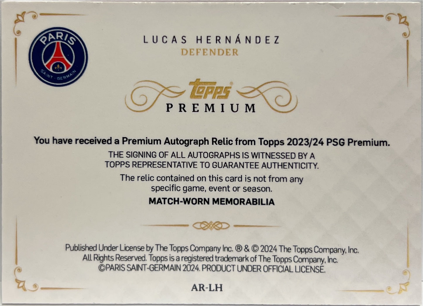 Lucas Hernandez 4/5 Patch Autograph Red Topps PSG Black & White Premium 2024