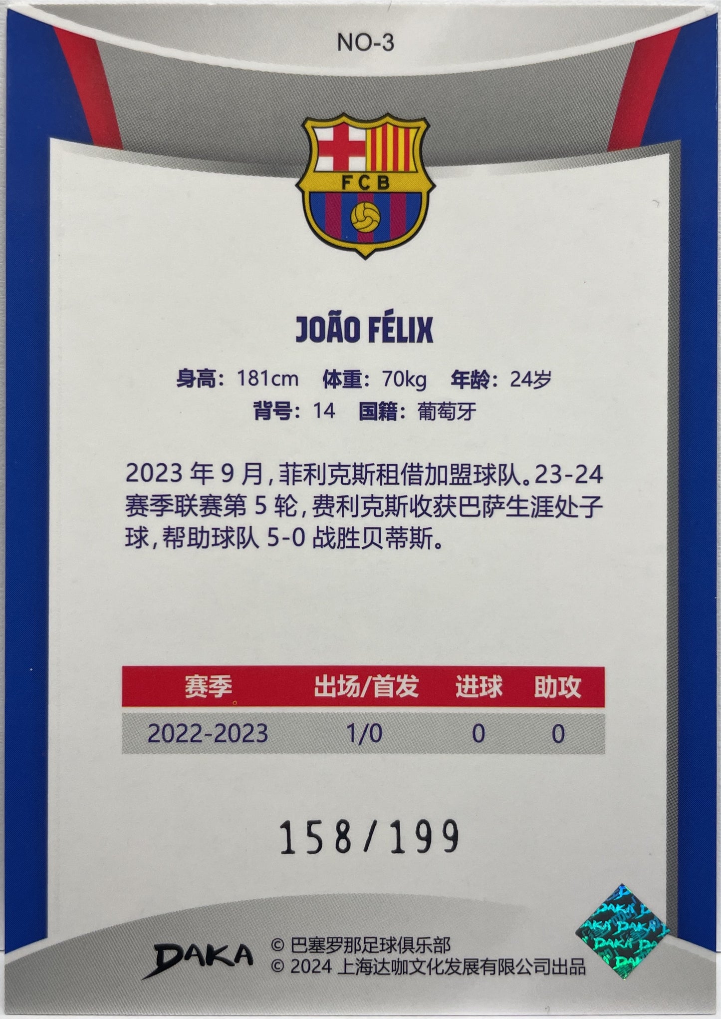 Joao Felix 158/199 Holocene Daka Barcelona One & Two 2023/24