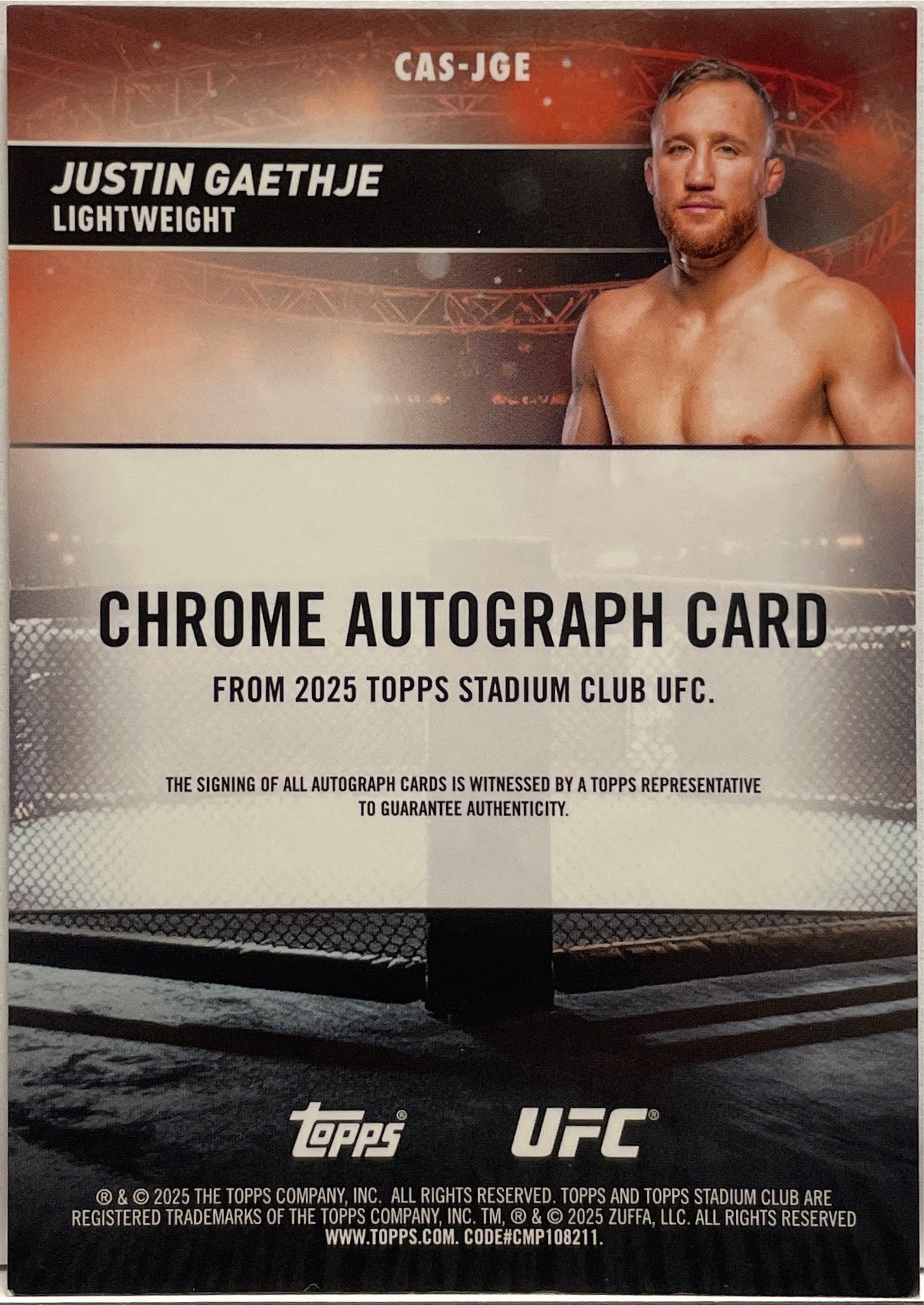 Justin Gaethje 1/50 Autograph On Card Chrome Red Topps Stadium UFC 2025