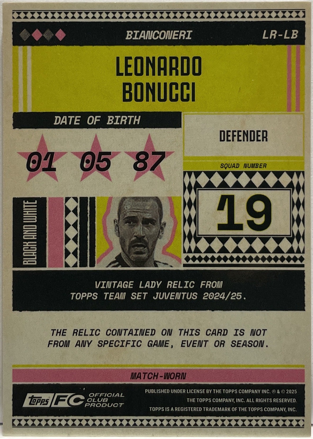 Leonardo Bonucci 110/250 Patch Vintage Lady Relic Topps Juventus Premium Team Set 2024/25