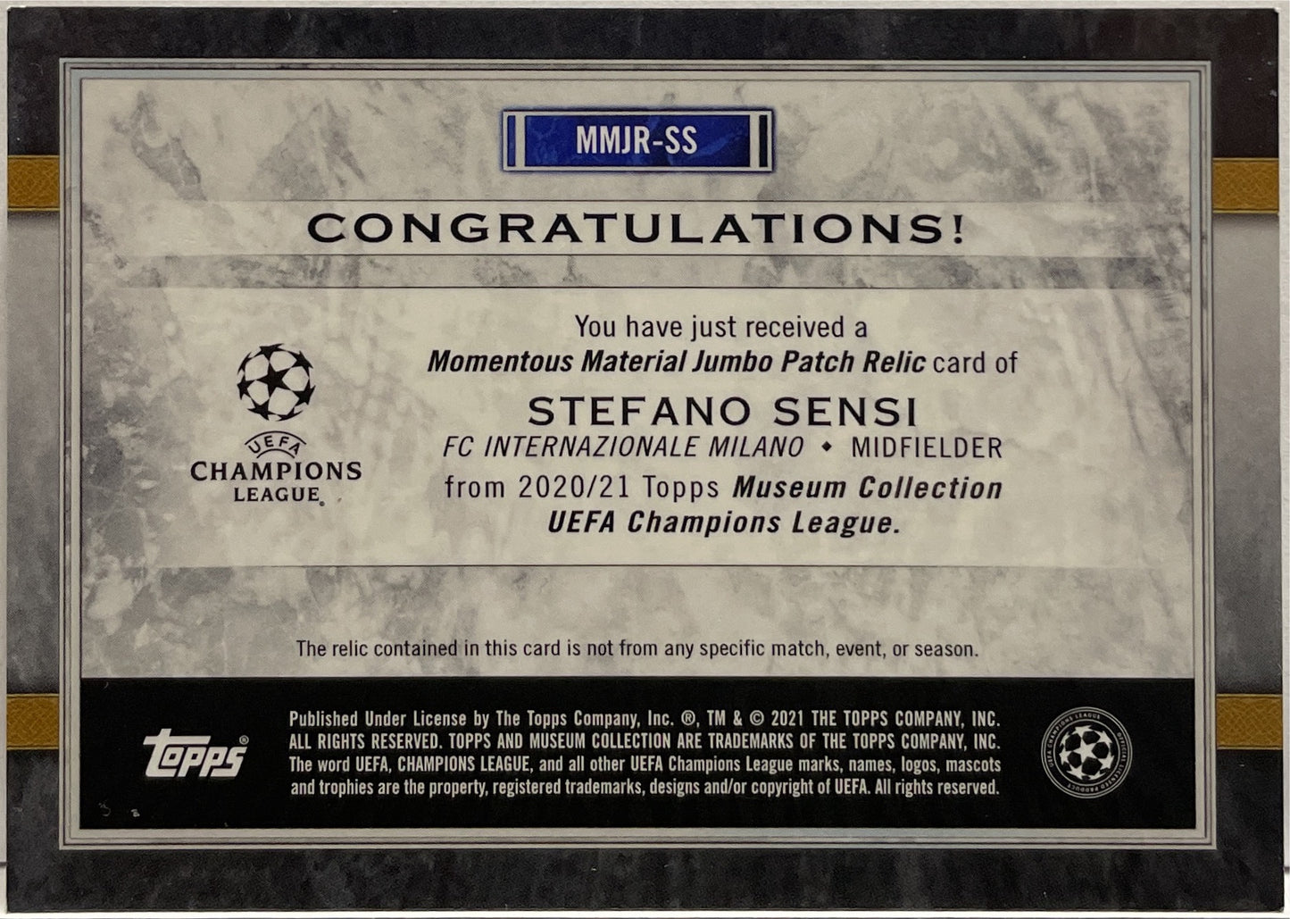 Stefano Sensi 140/150 Patch Worn Momentous Material Jumbo Relic Topps Museum 2020/21