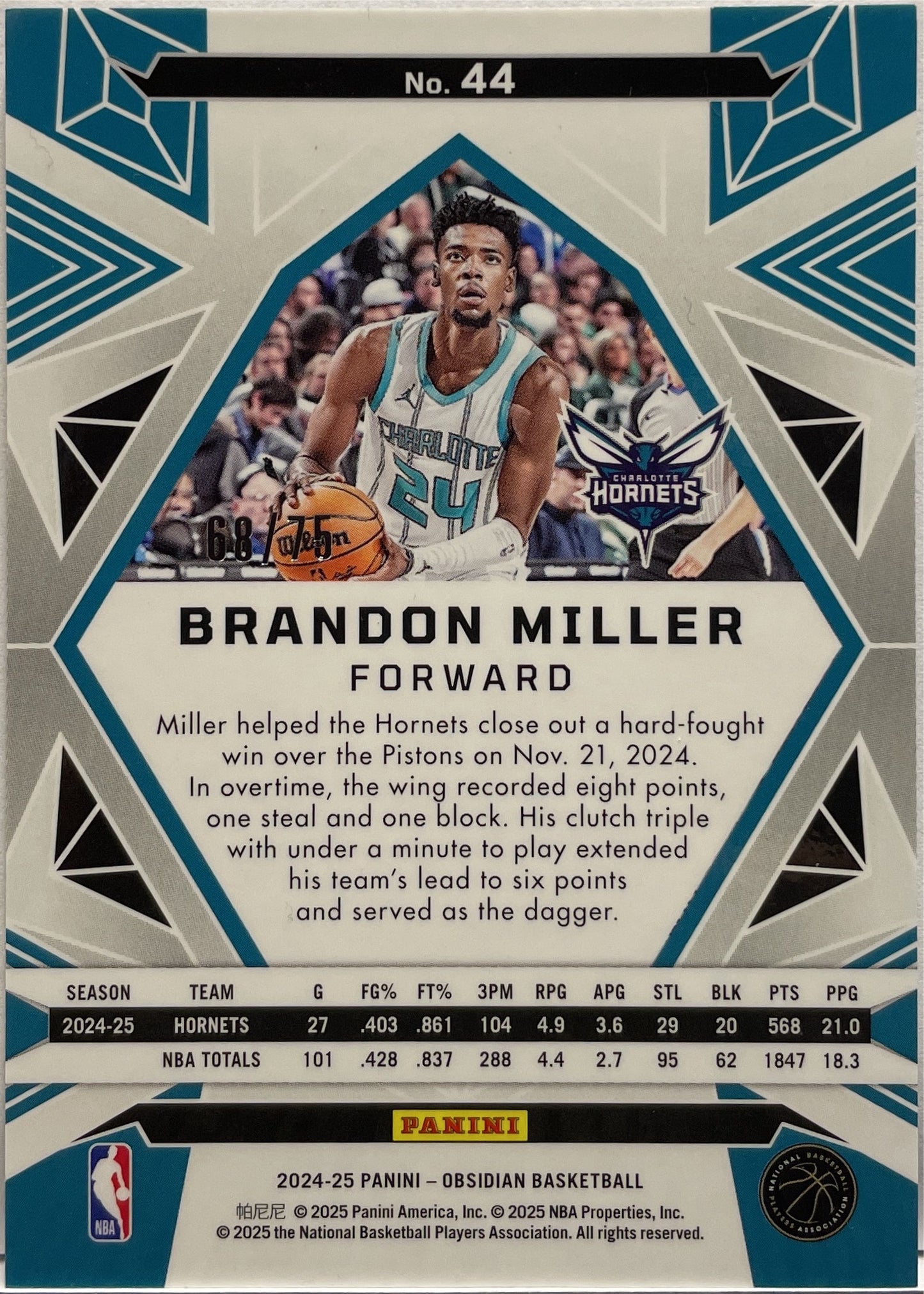 Brandon Miller 68/75 Panini Obsidian NBA Basketball 2024/25