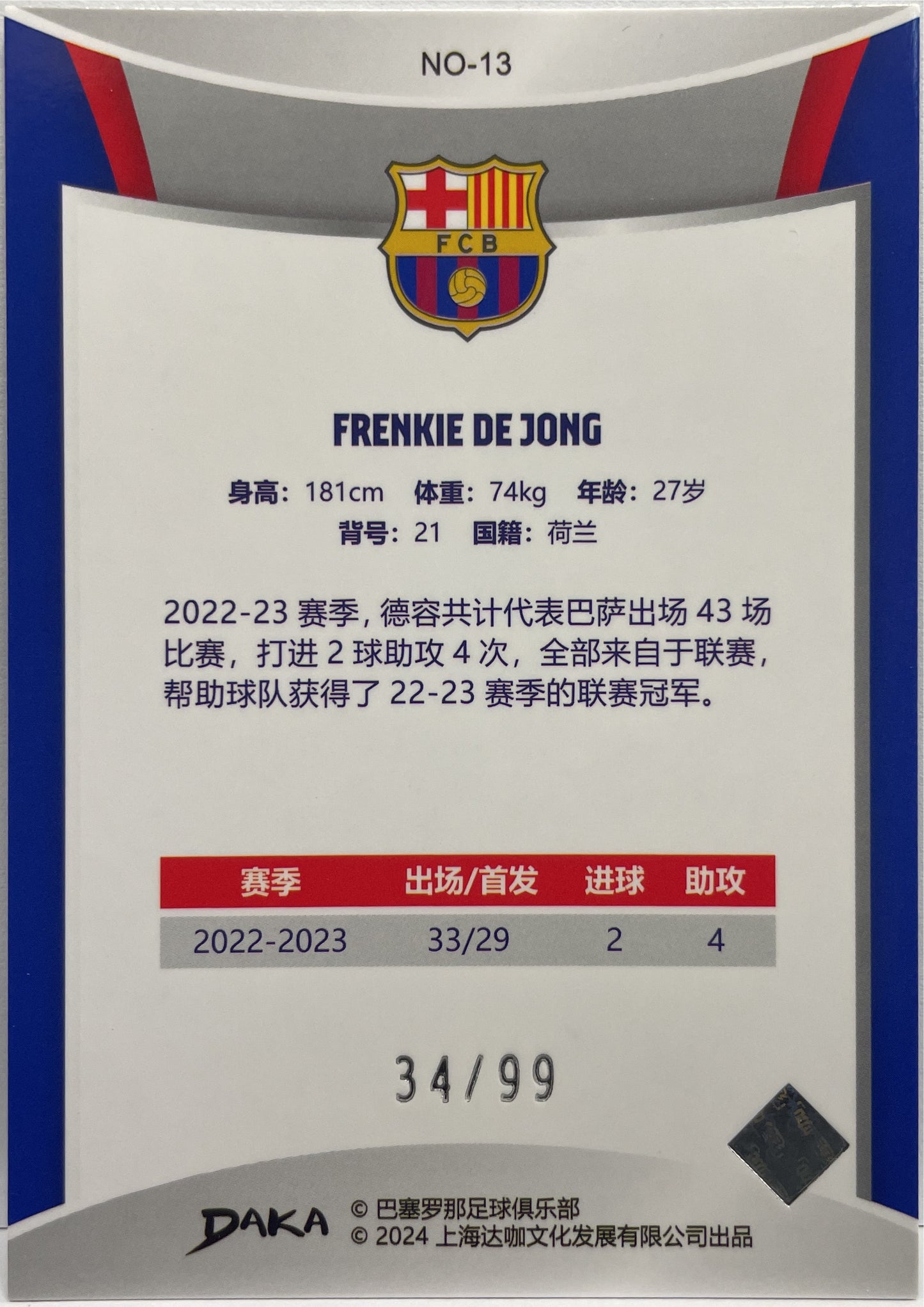 Frenkie De Jong 34/99 Holocene Daka Barcelona One & Two 2023/24