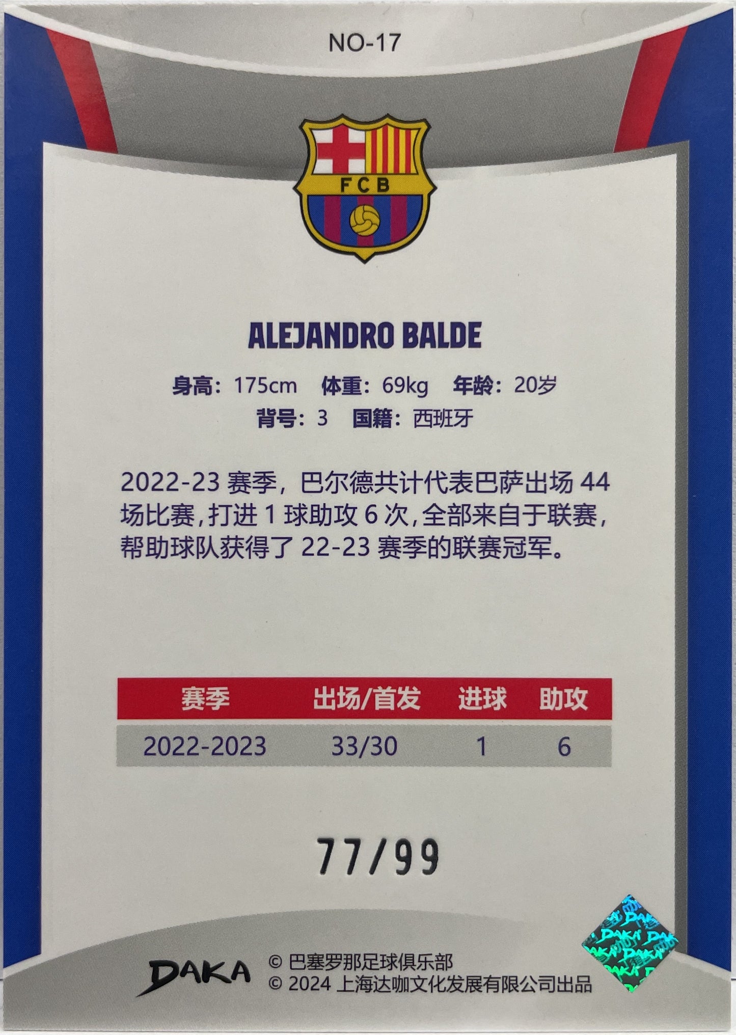 Alejandro Balde 77/99 Holocene Purple Daka Barcelona One & Two 2023/24