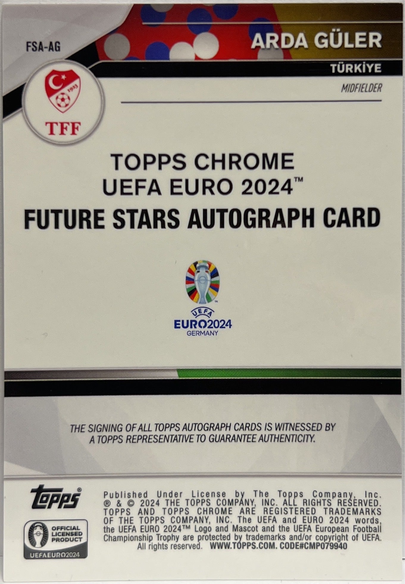 Arda Guler 8/10 Autograph Future Stars Black Topps Chrome Euro 2024