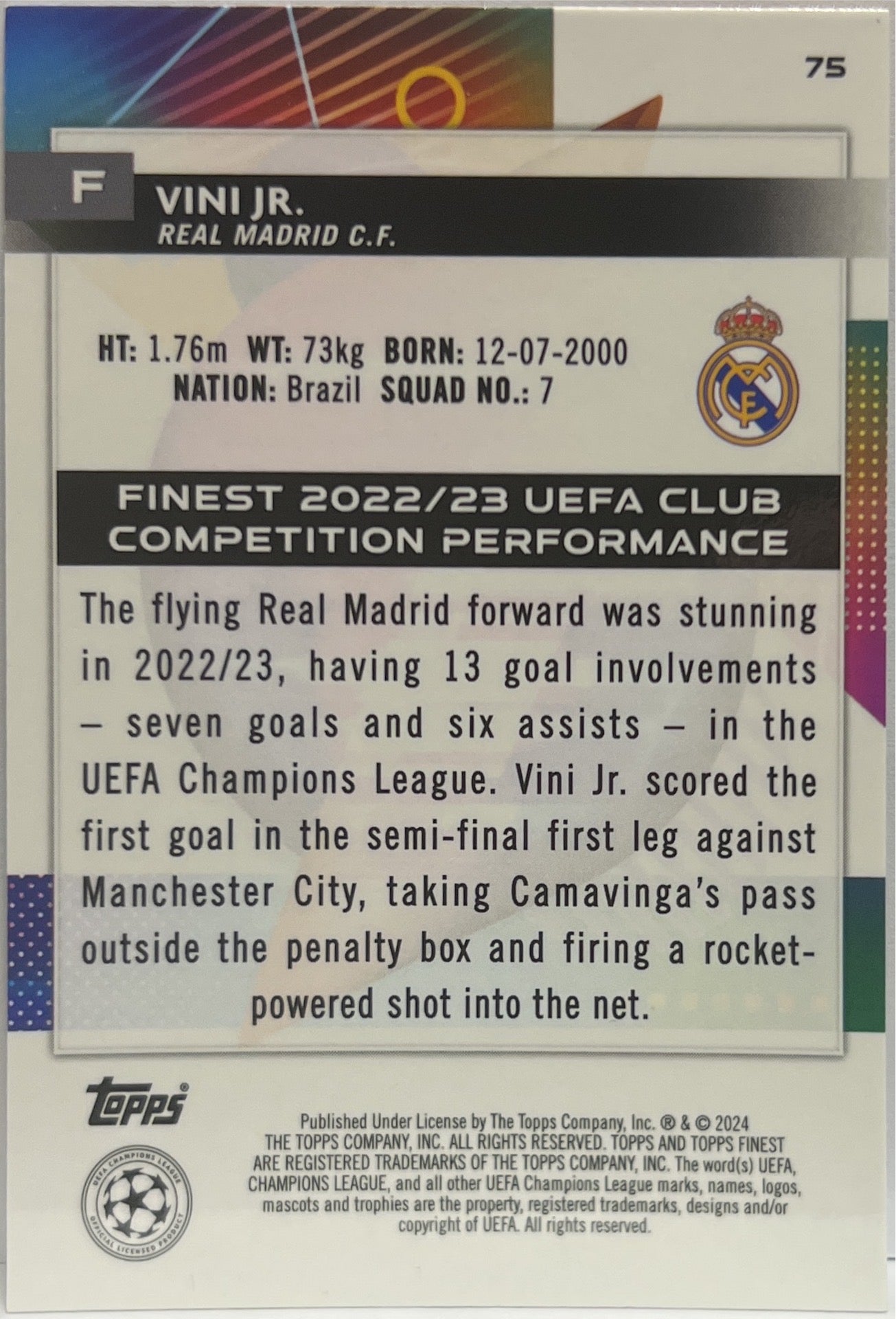 Vini Jr 9/50 Gold Topps Finest UCC 2023/24