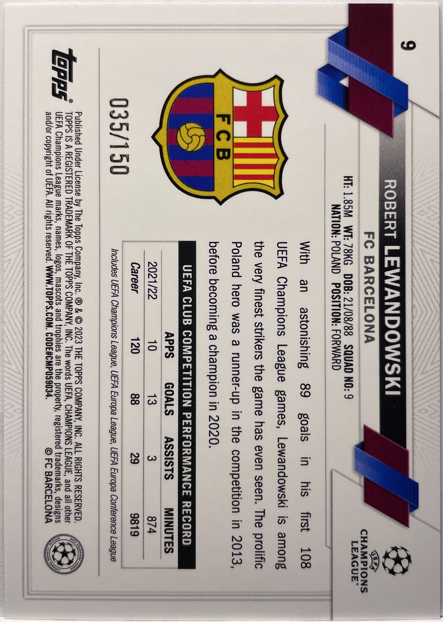 Robert Lewandowski 35/150 Black And White Icy Foil Topps UCC 2022/23