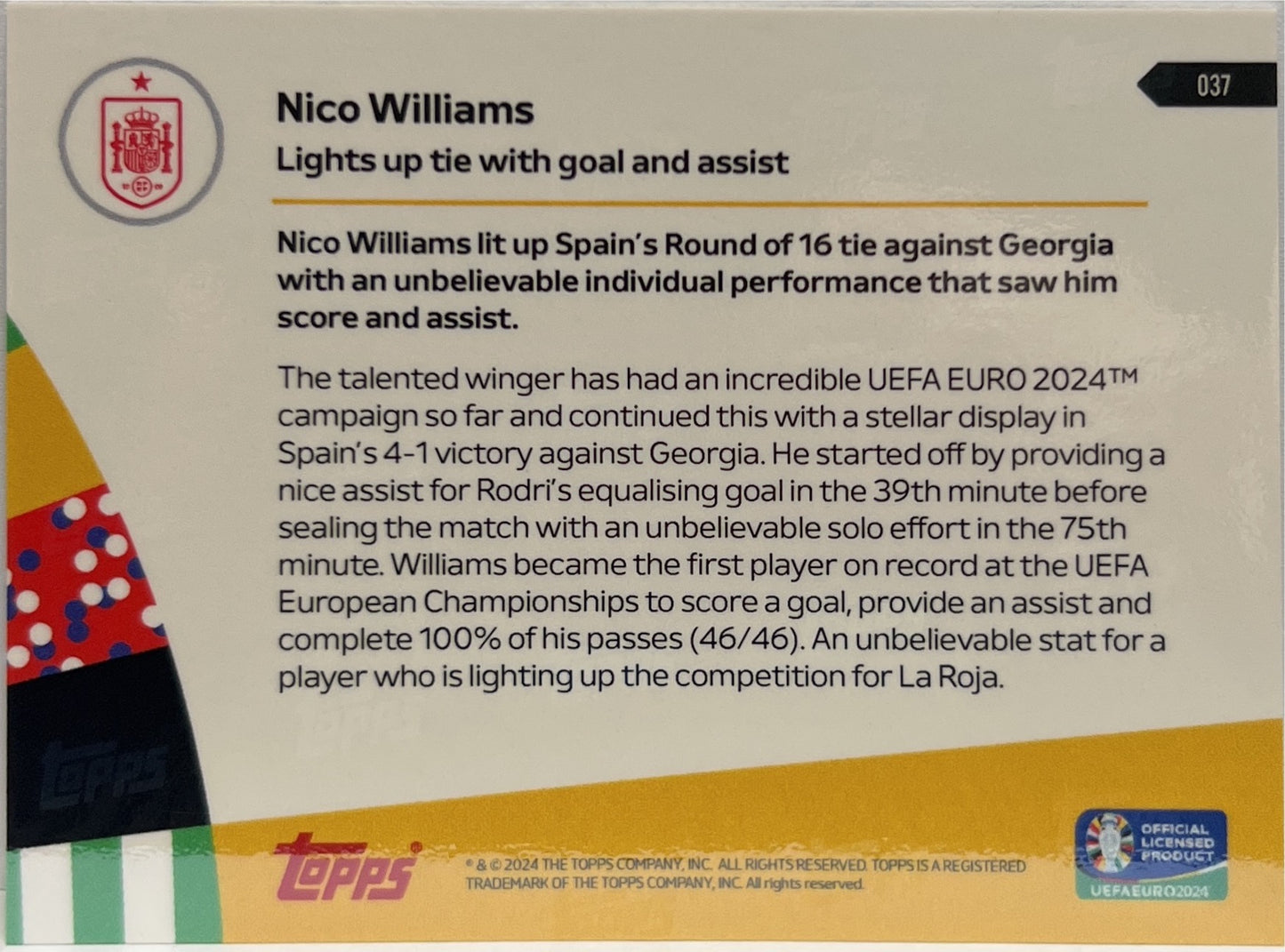 Nico Williams 1/1 Lights Up Tie With Goal And Assist Topps Now 2024