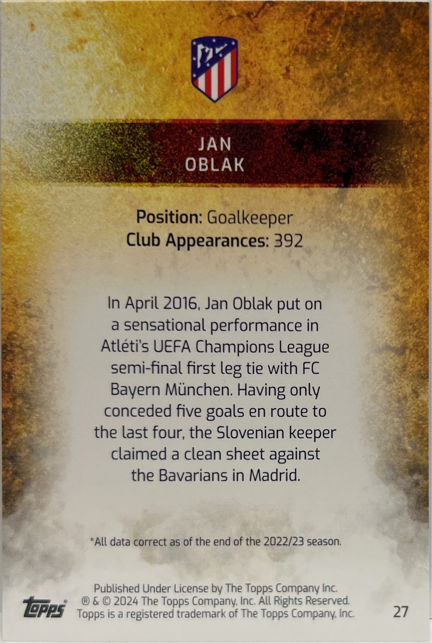 Jan Oblak 2/10 Incendio Topps Atletico De Madrid Team Set 2023/24