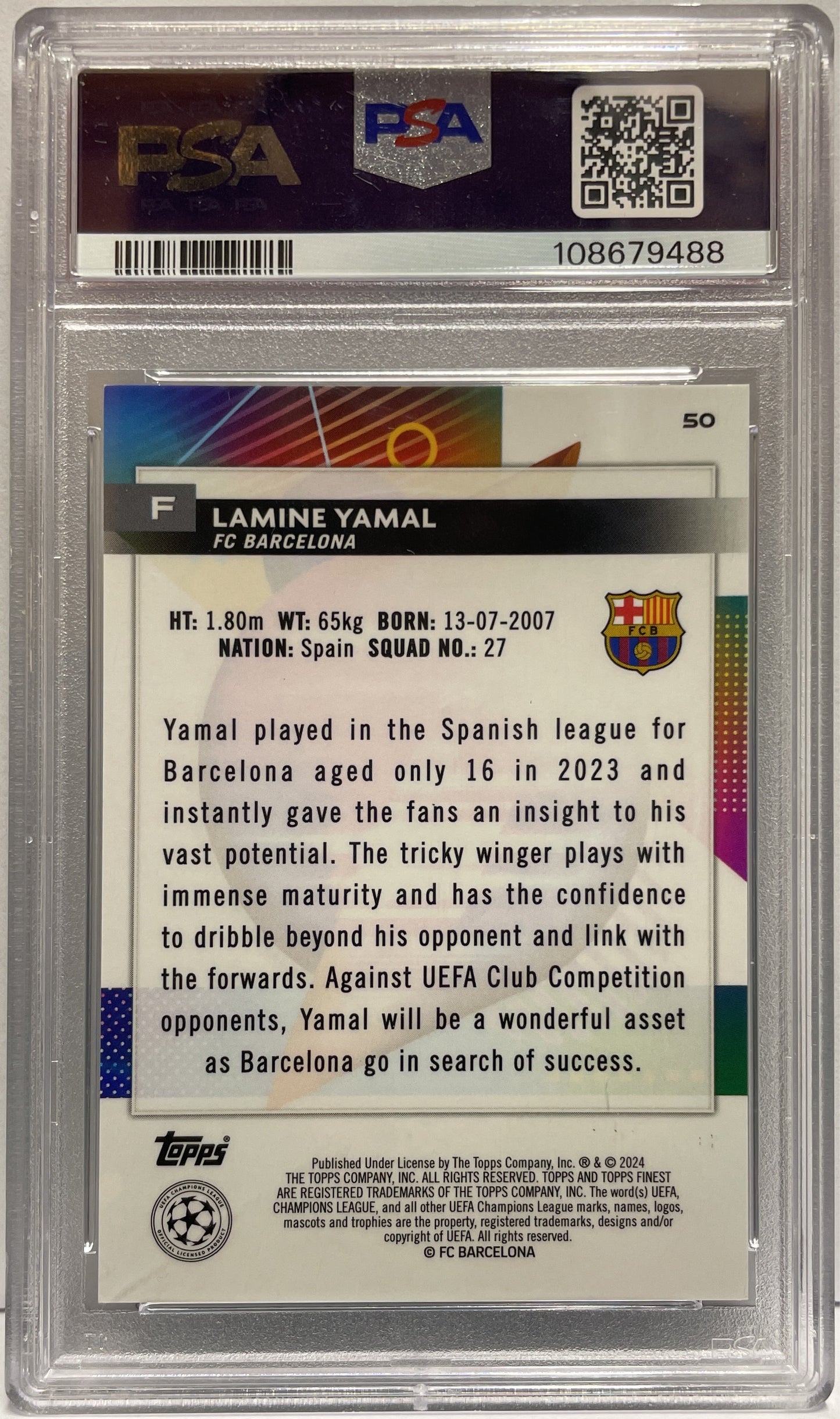 Lamine Yamal 69/99 Rookie Green Lava Topps Finest UCC 2023/24 PSA 10