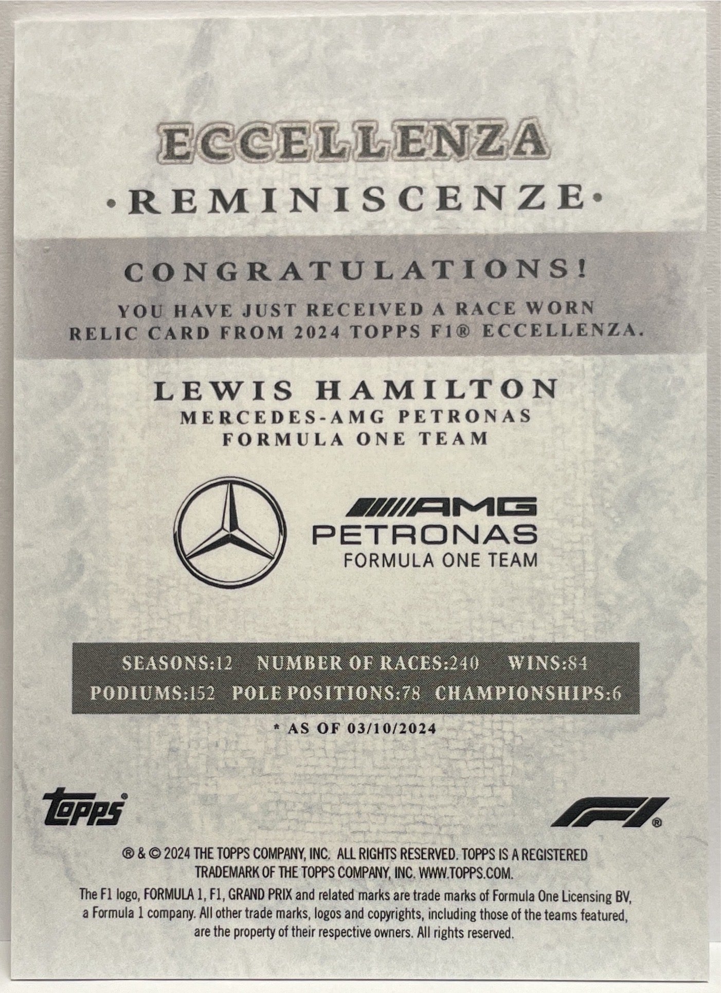 Lewis Hamilton Patch Suit Reminiscenza Topps Eccellenza F1 2024