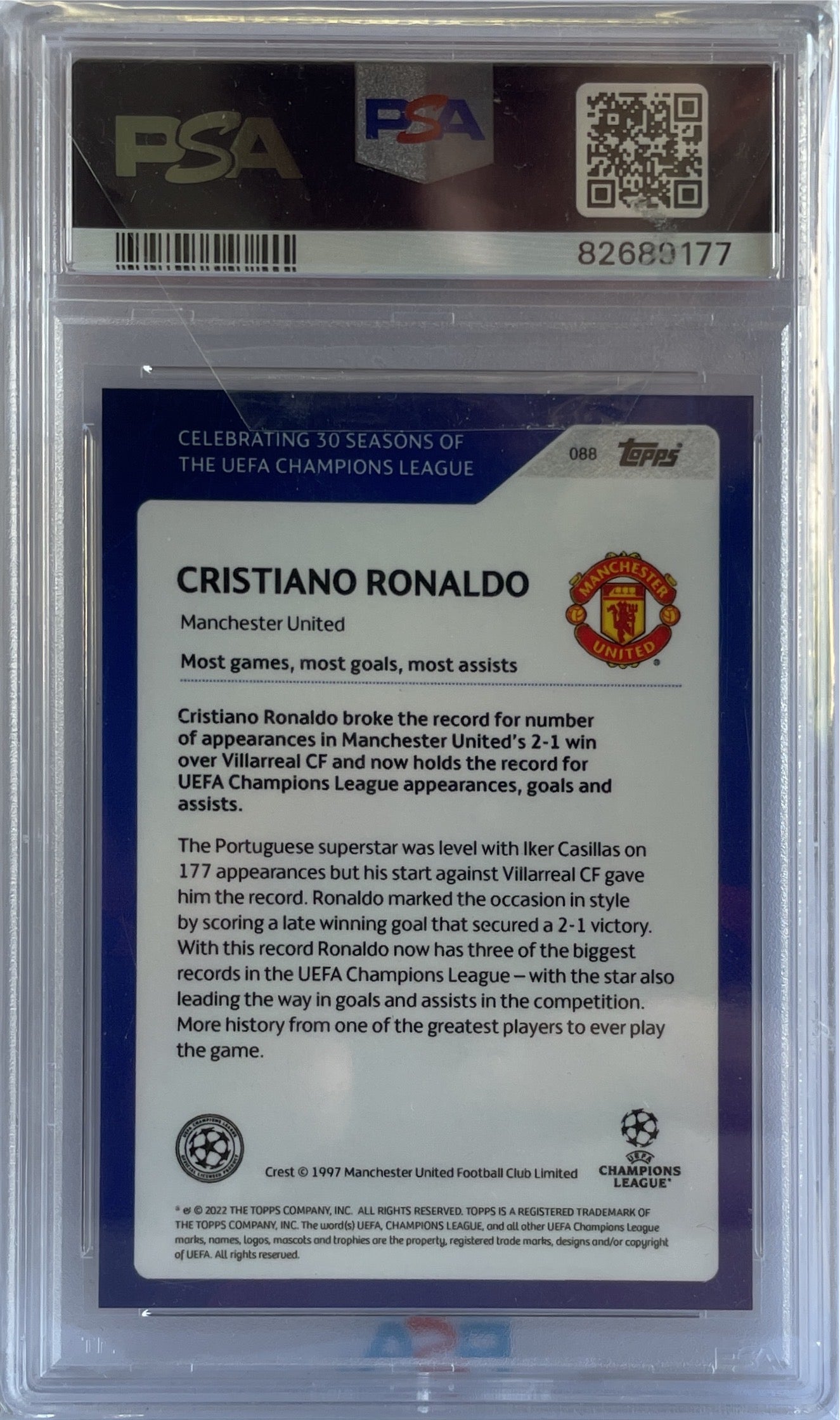 Cristiano Ronaldo 3/5 Rainbow Foil Topps 30 Season Celebration UCL 2021/22 PSA 9