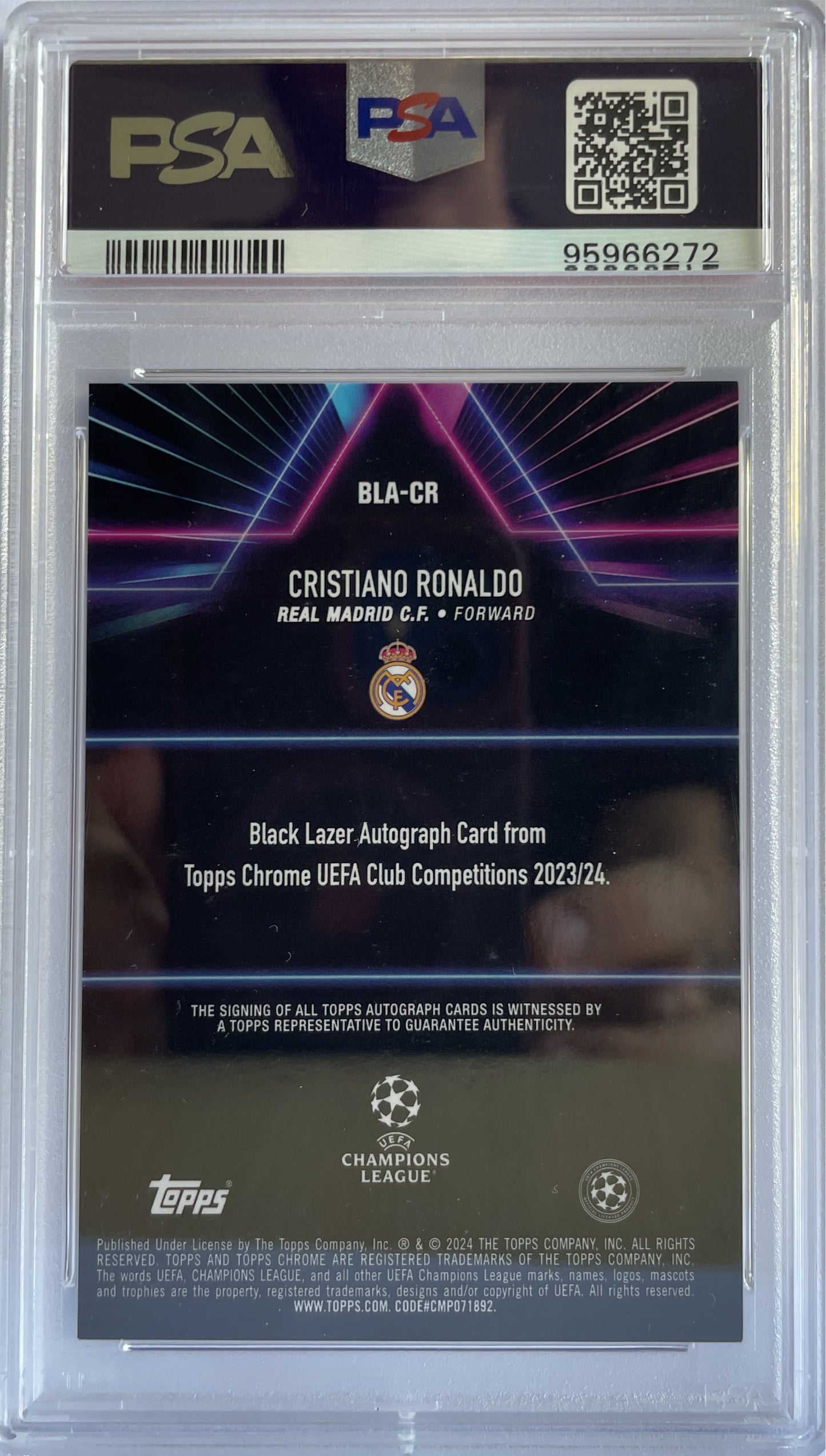 Cristiano Ronaldo 3/5 Autograph Black Lazer Red Topps Chrome UCC 2023/24 PSA 8