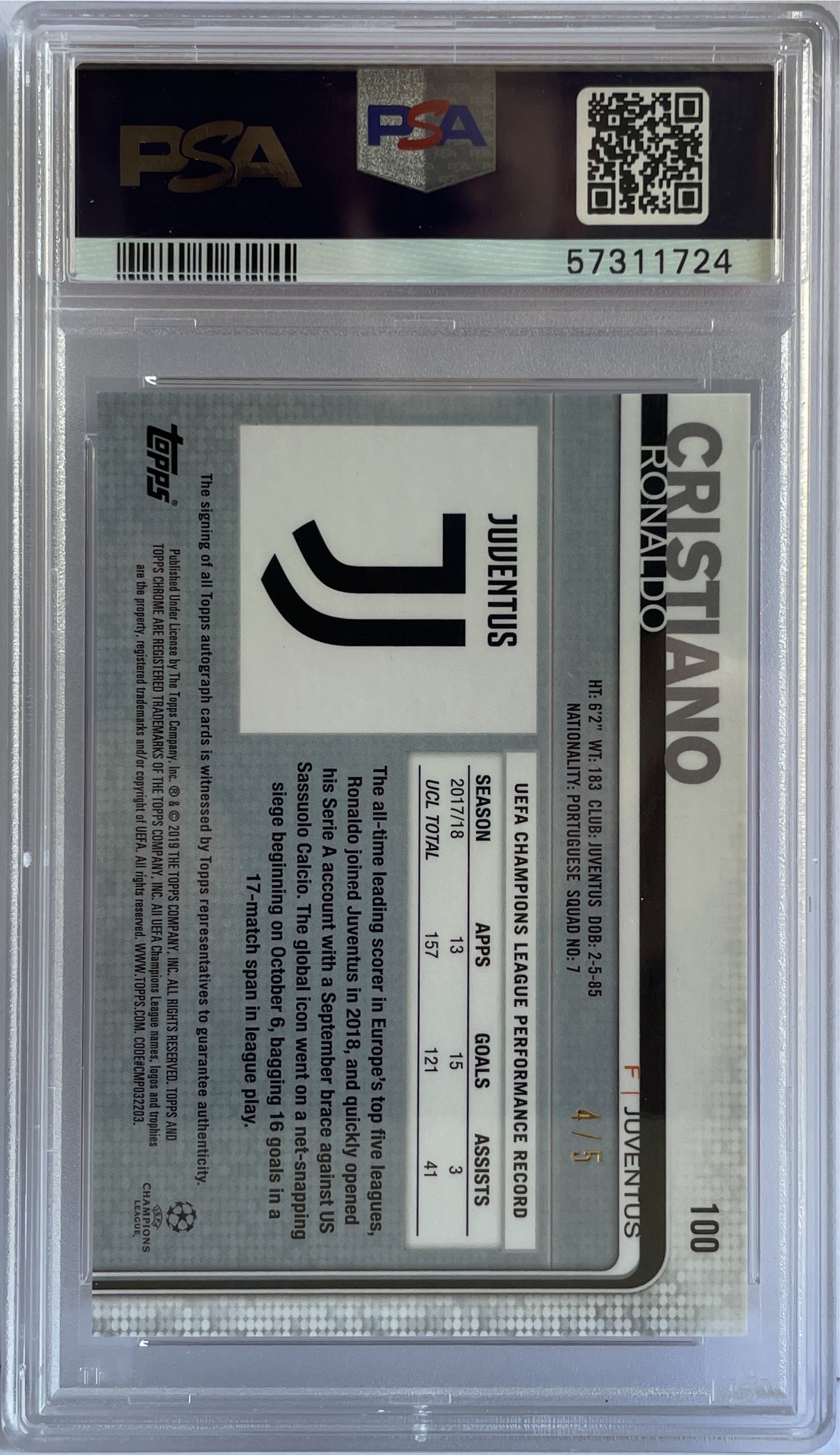 Cristiano Ronaldo 4/5 Autograph Red Wave Topps Chrome UCL 2017/18 PSA 10